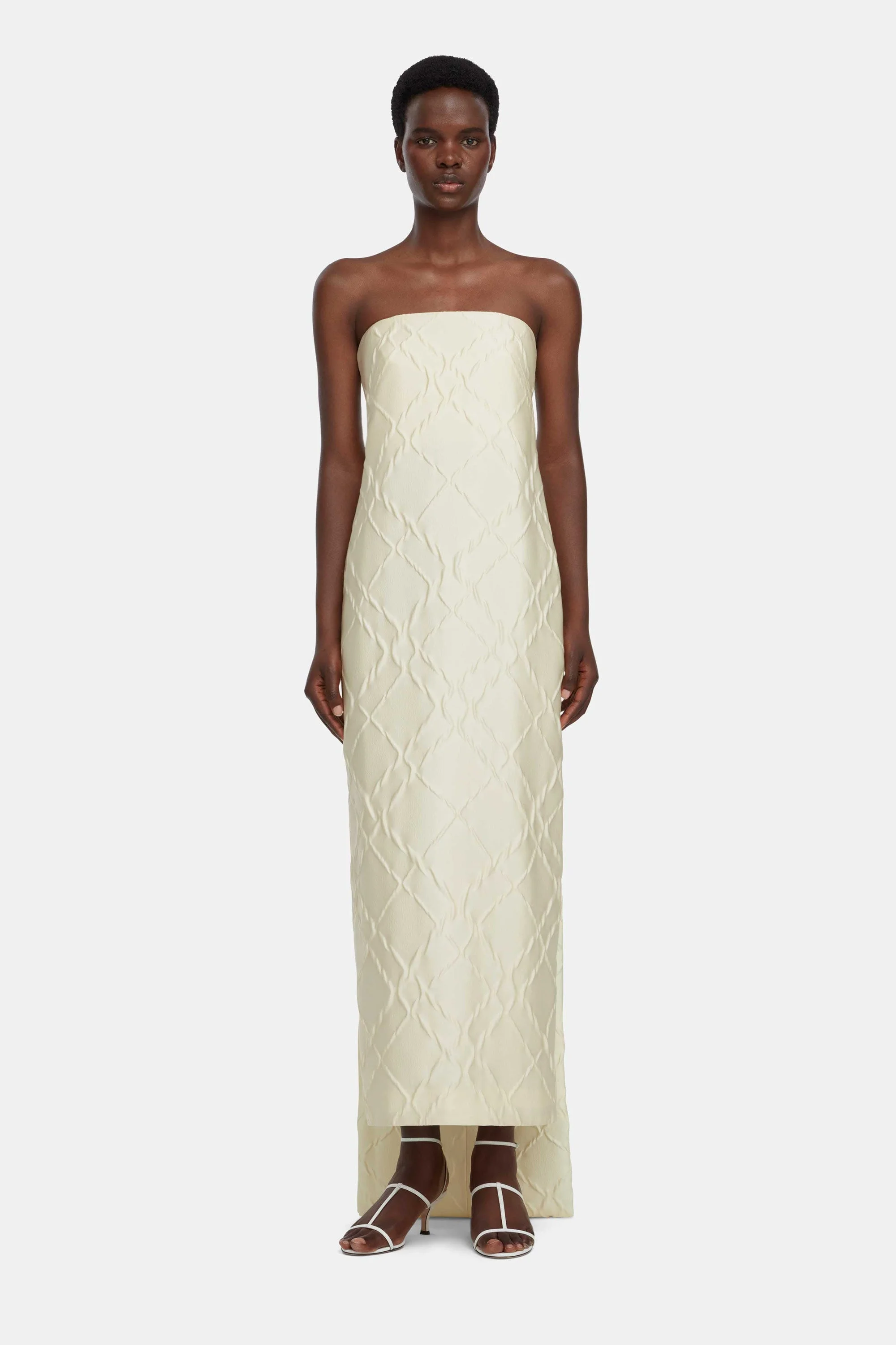 Hattie Strapless Dress In Ivory Geometric Jacquard - 1