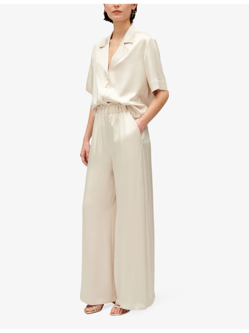 Claudie Pierlot Smocked-waistband wide-leg satin trousers outlook