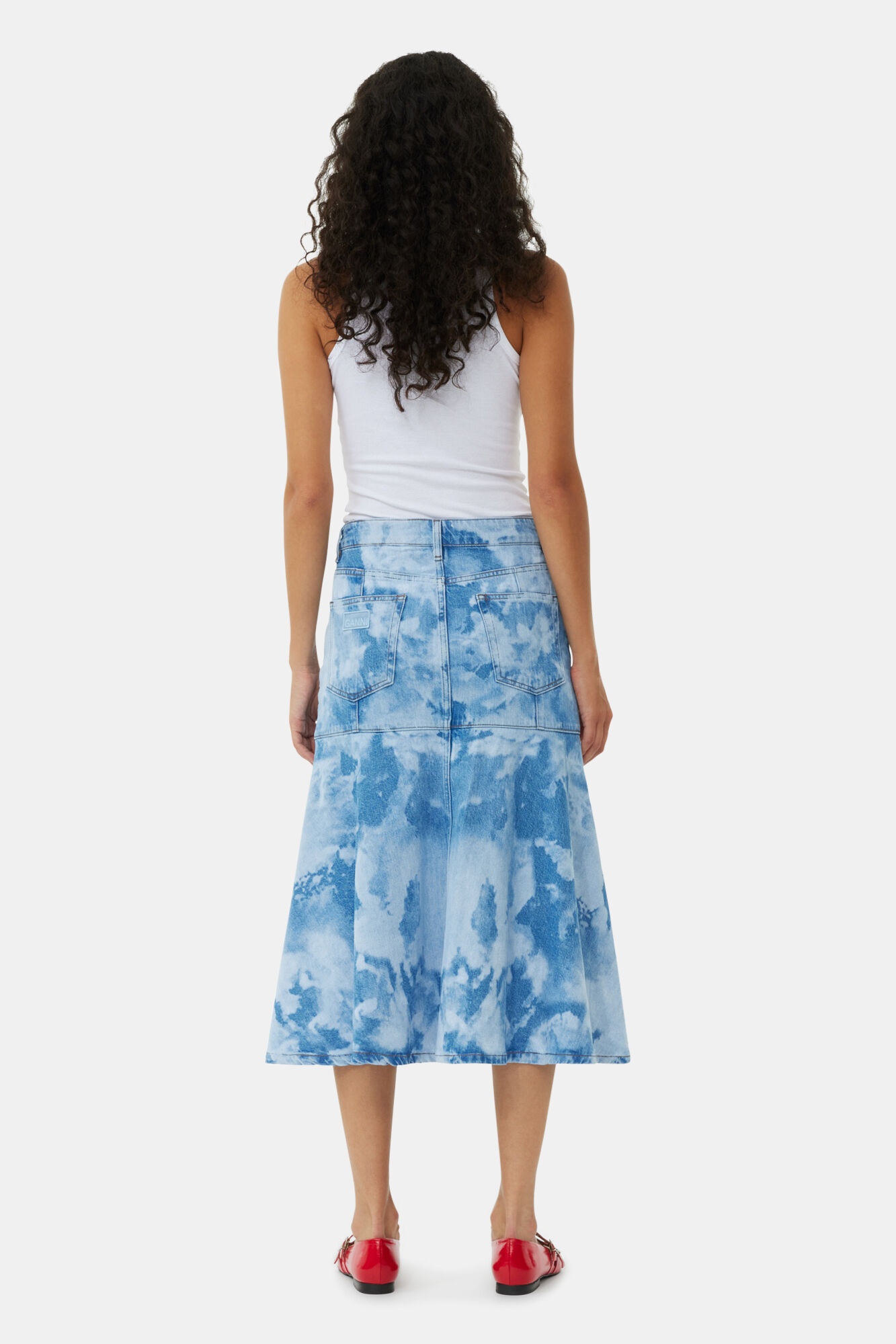 BLUE BLEACH DENIM FLOUNCE MIDI SKIRT - 5