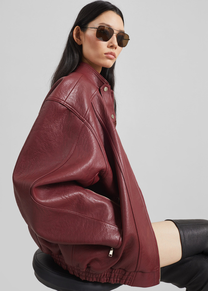 Troye Faux Leather Bomber Jacket - Burgundy 3