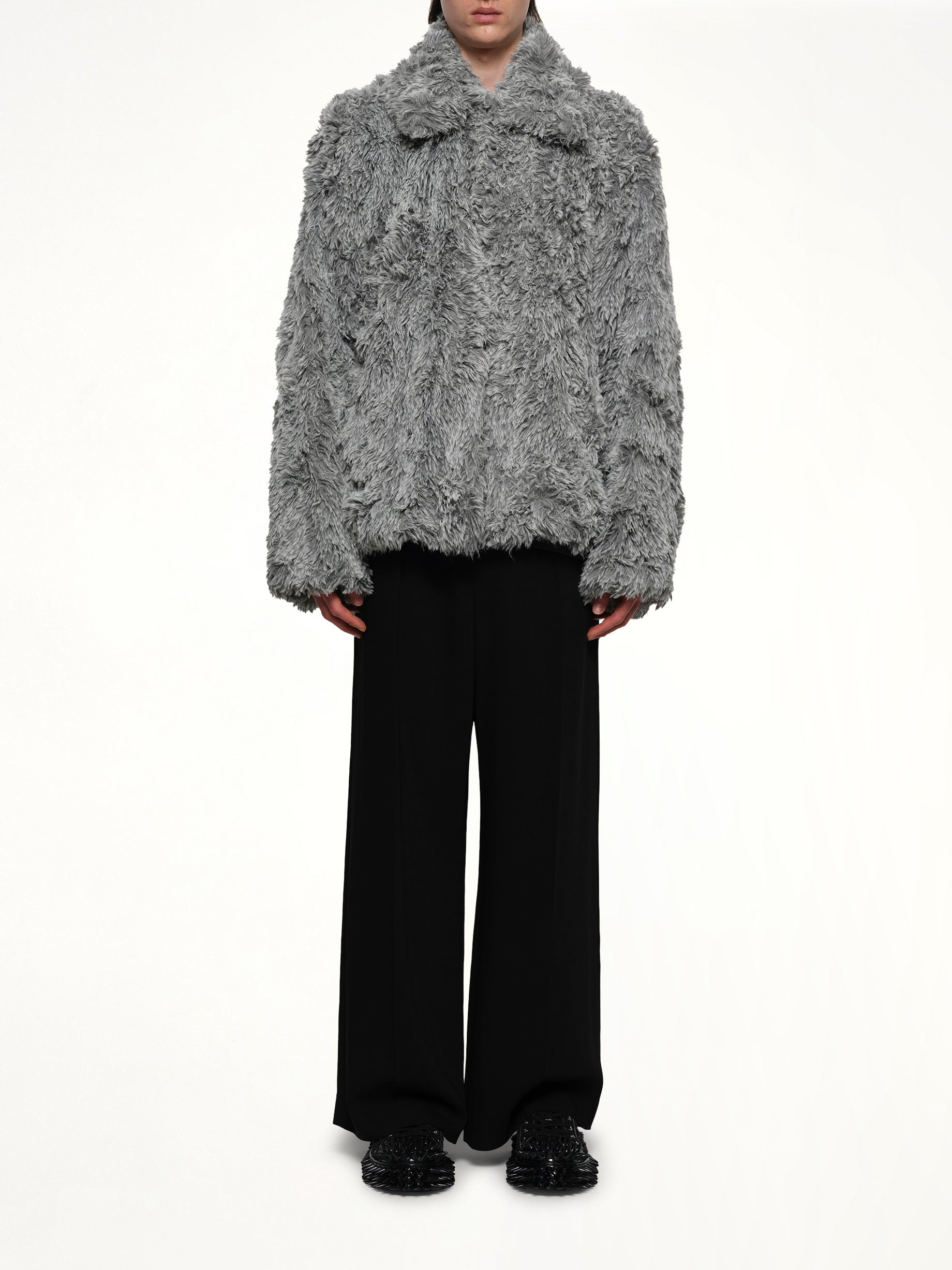Sinister Mouth Faux Fur Jacket in Grey - 7