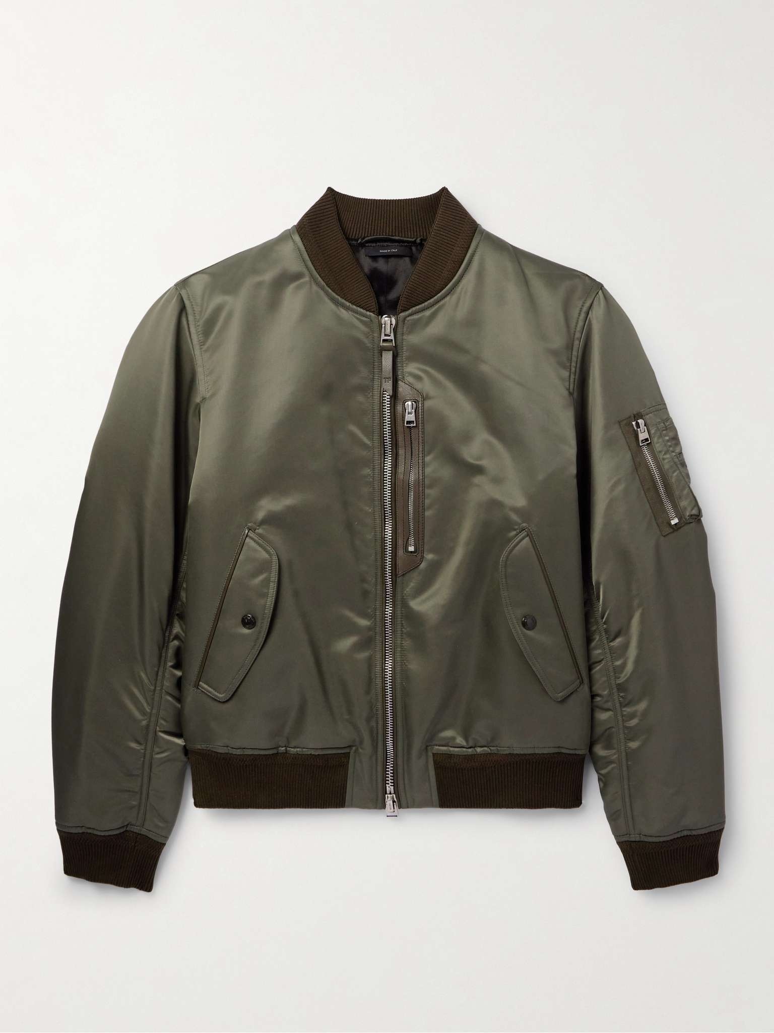 Leather-Trimmed Shell Bomber Jacket - 1