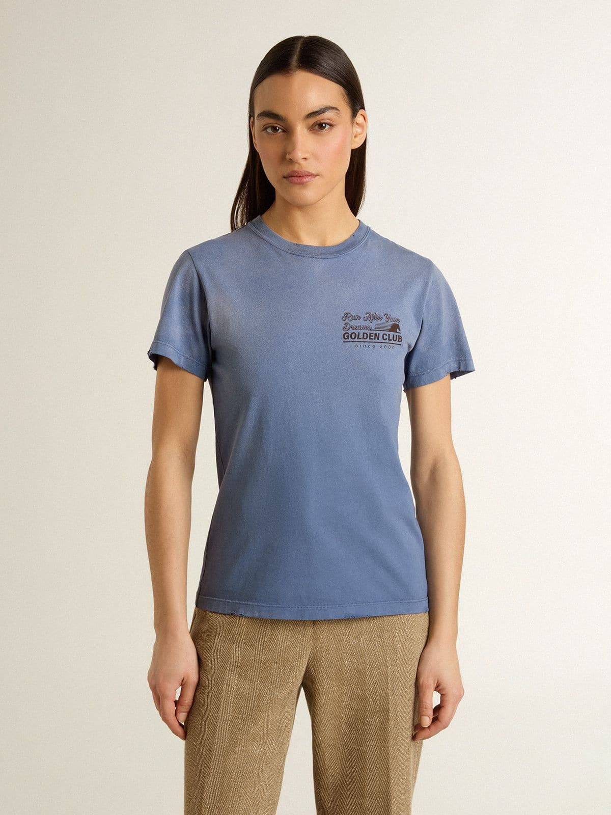 Women's faded light blue T-shirt with print on the chest - 2