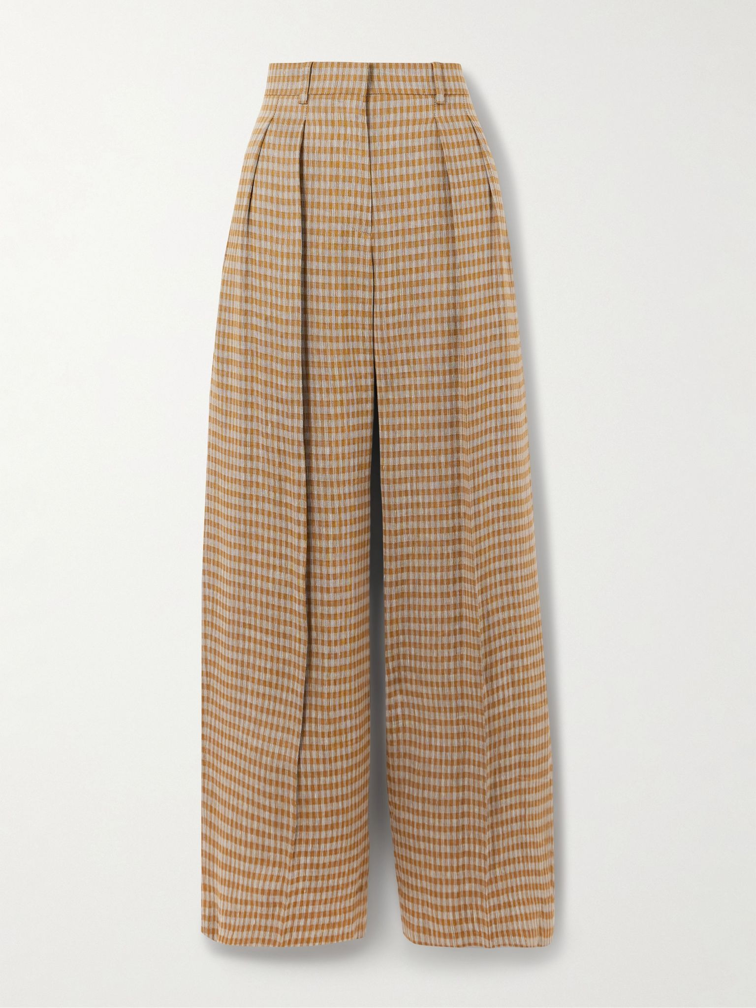 Sherry pleated checked linen-blend wide-leg pants Brown - 1