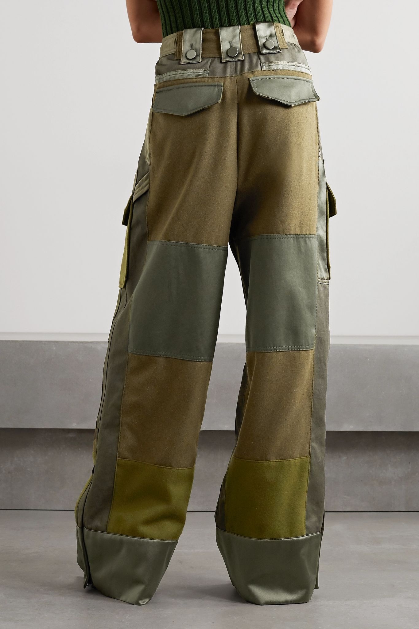 Paneled cotton-twill, wool-flannel and silk-satin cargo pants - 3