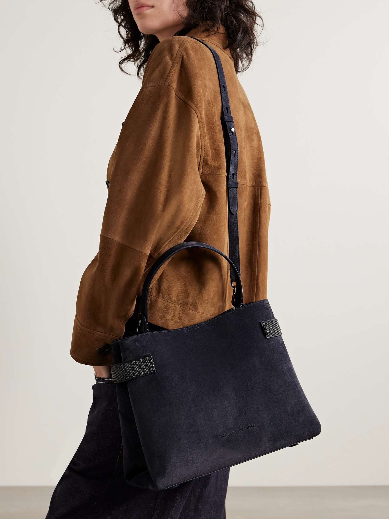 Bead-embellished suede shoulder bag Navy - 6