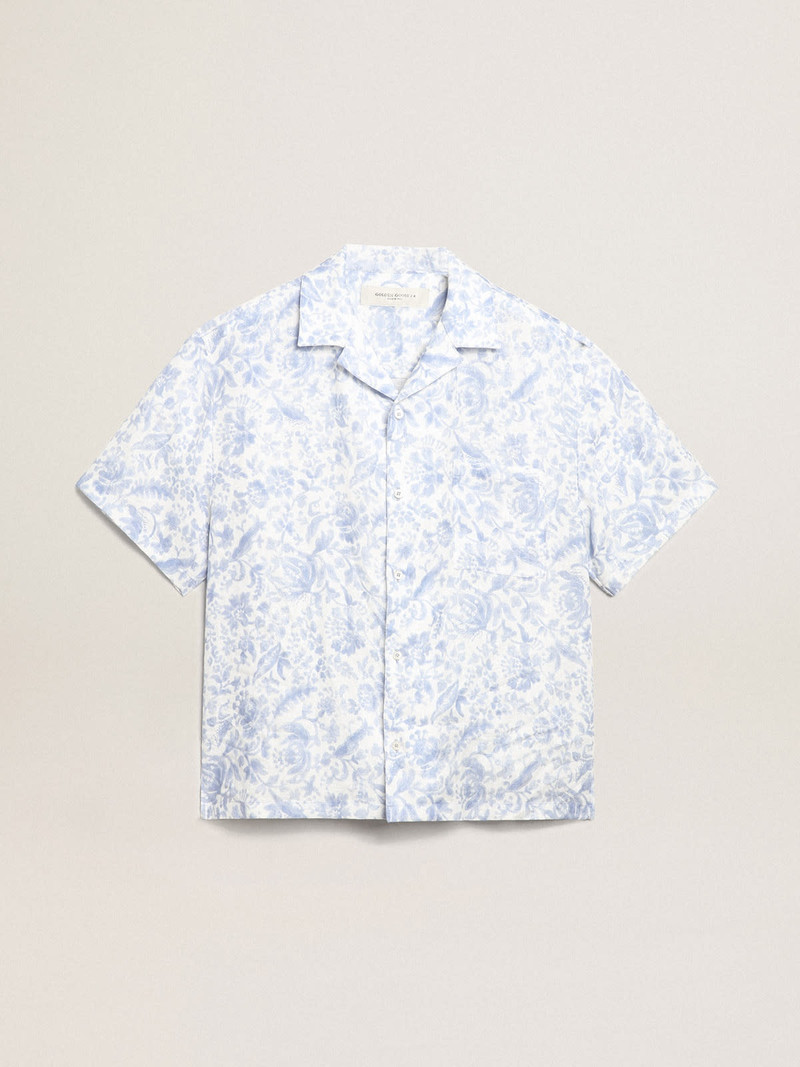 Resort Collection linen shirt with Mediterranean blue print 1