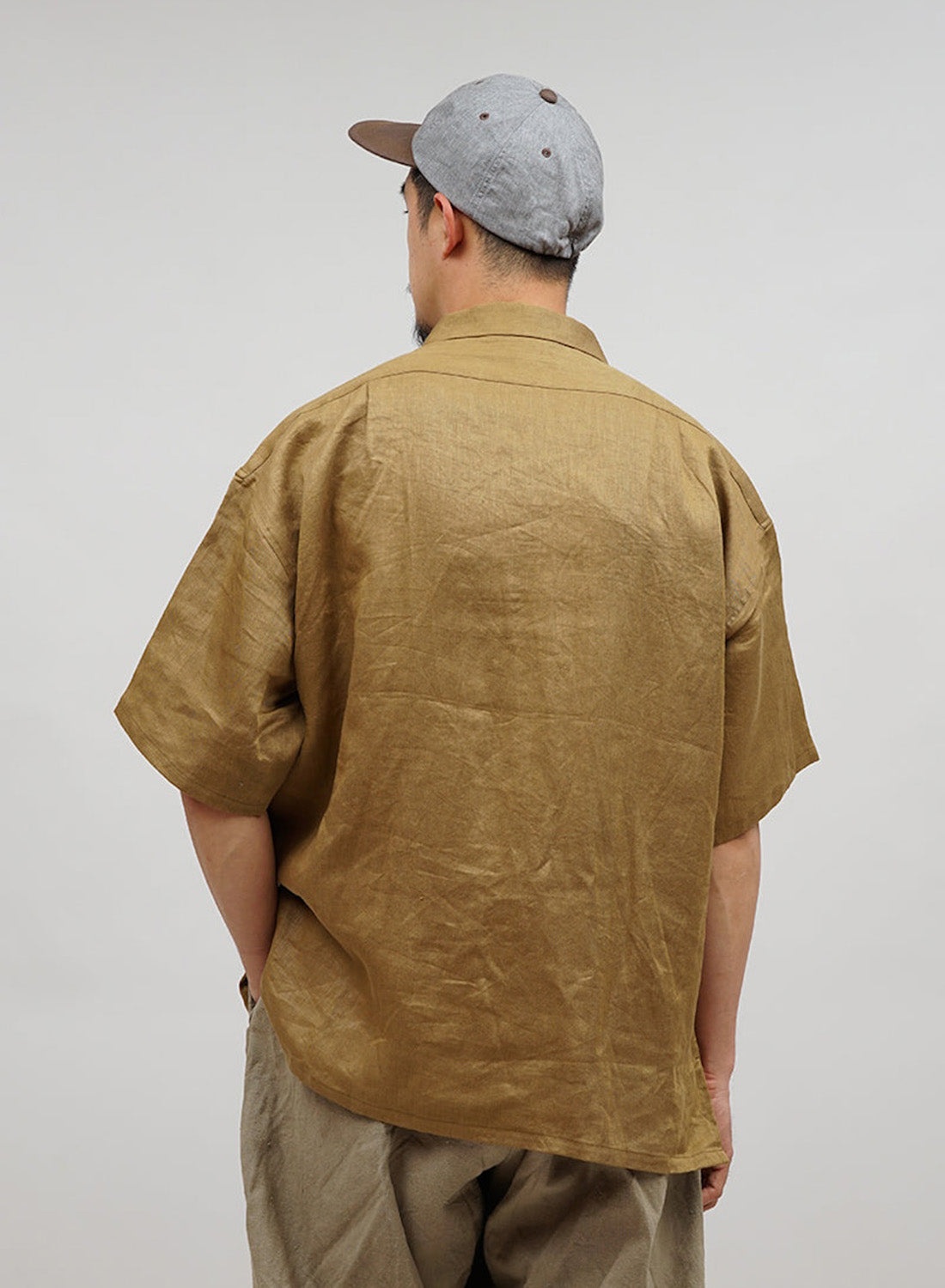 Open Collar Shirt Linen Twill in Khaki - 3