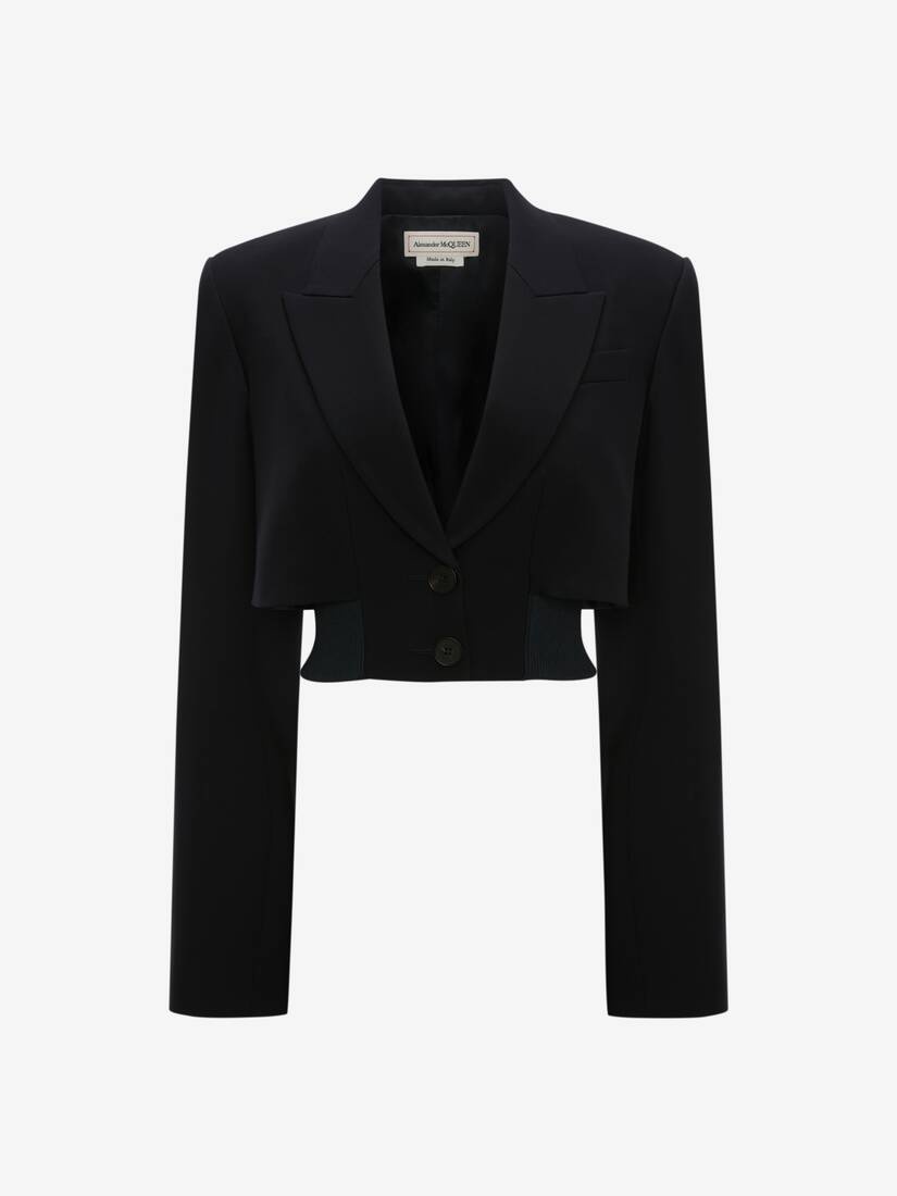 Cropped Rib Knit Jacket in Navy - 1