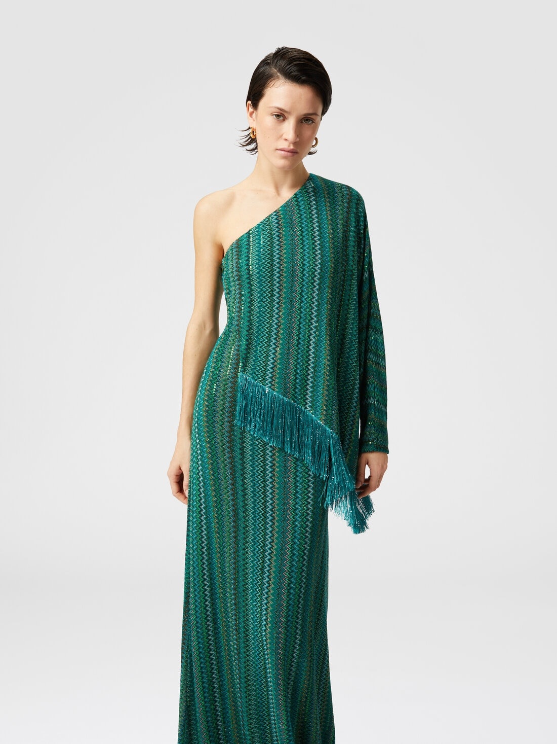 Long one-shoulder zigzag dress with sequins and fringes - 4