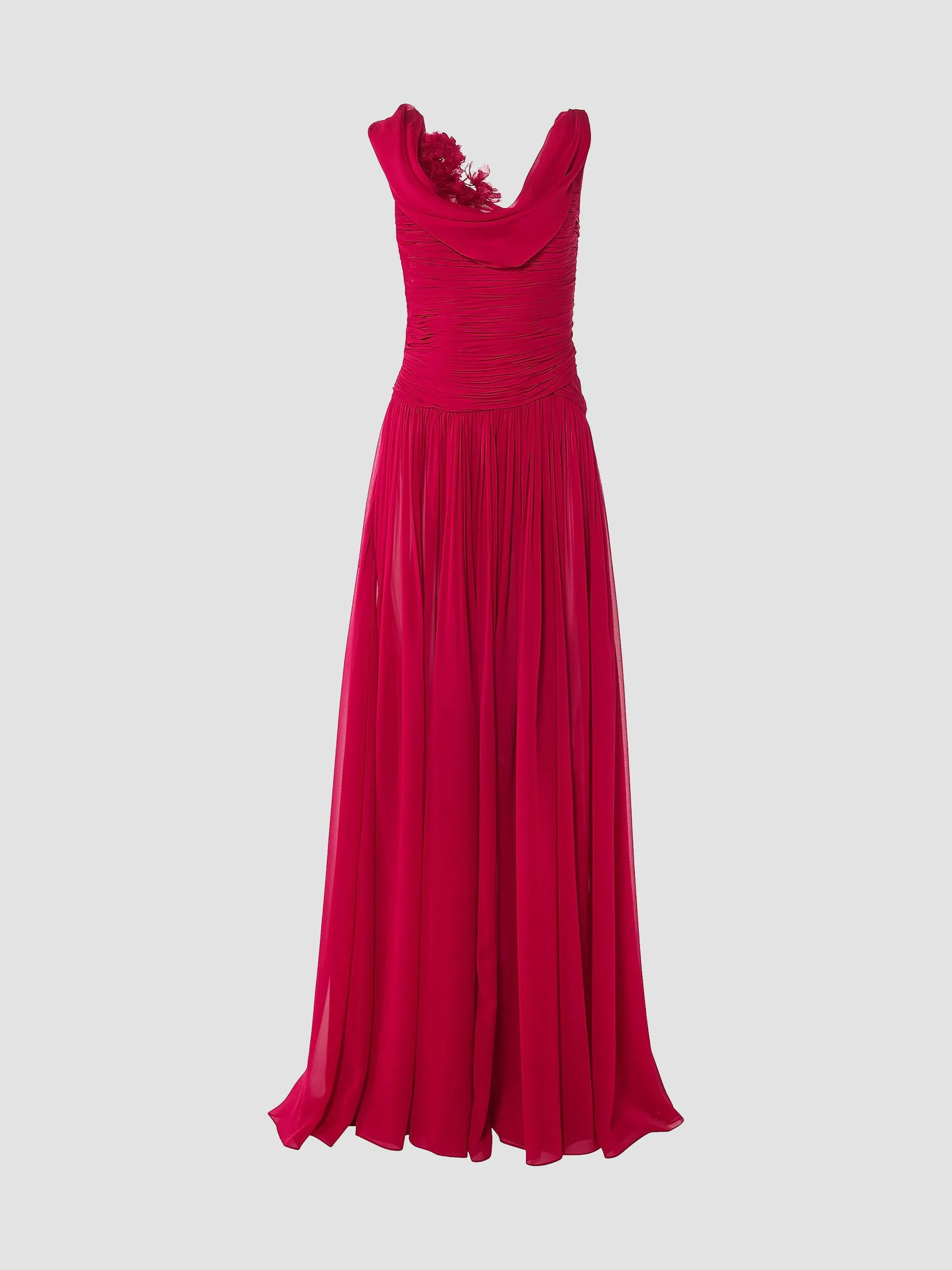 Women's Draped Silk Pleated Gown - Cranberry - 1