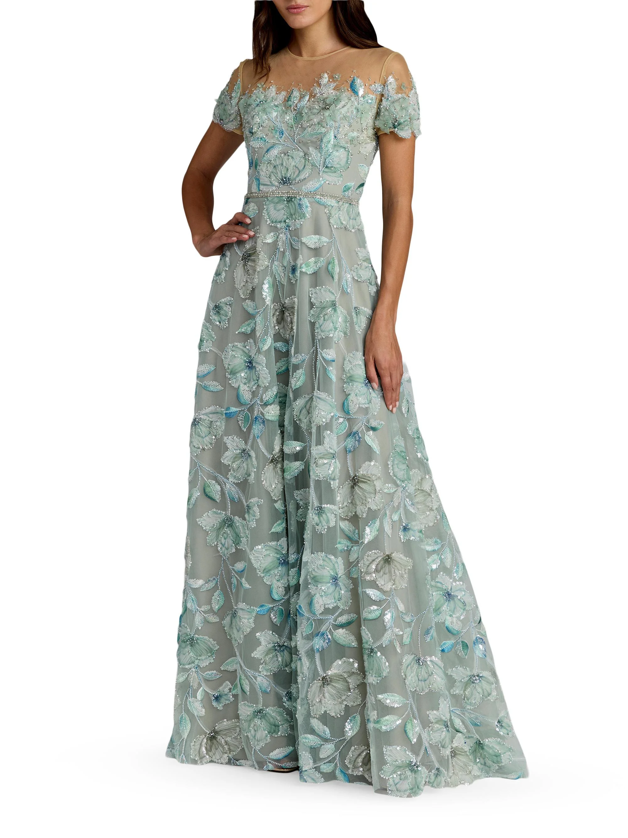 Women's Floral Beaded Embroidered Gown - Sage - 1