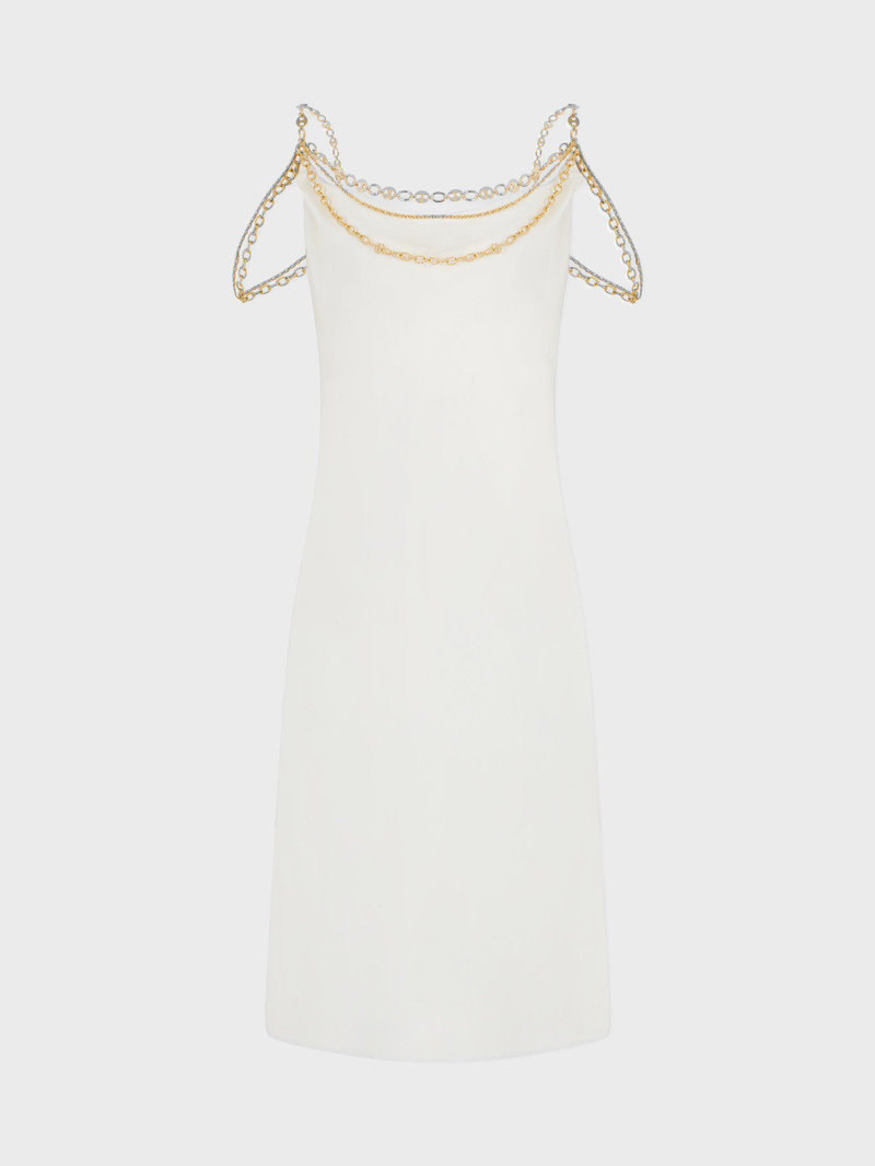 LIGHT PLEATED WHITE DRESS EMBELLISHED WITH "EIGHT" SIGNATURE CHAIN 7