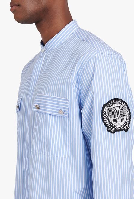Striped pale blue cotton shirt with embroidered Balmain badge - 8