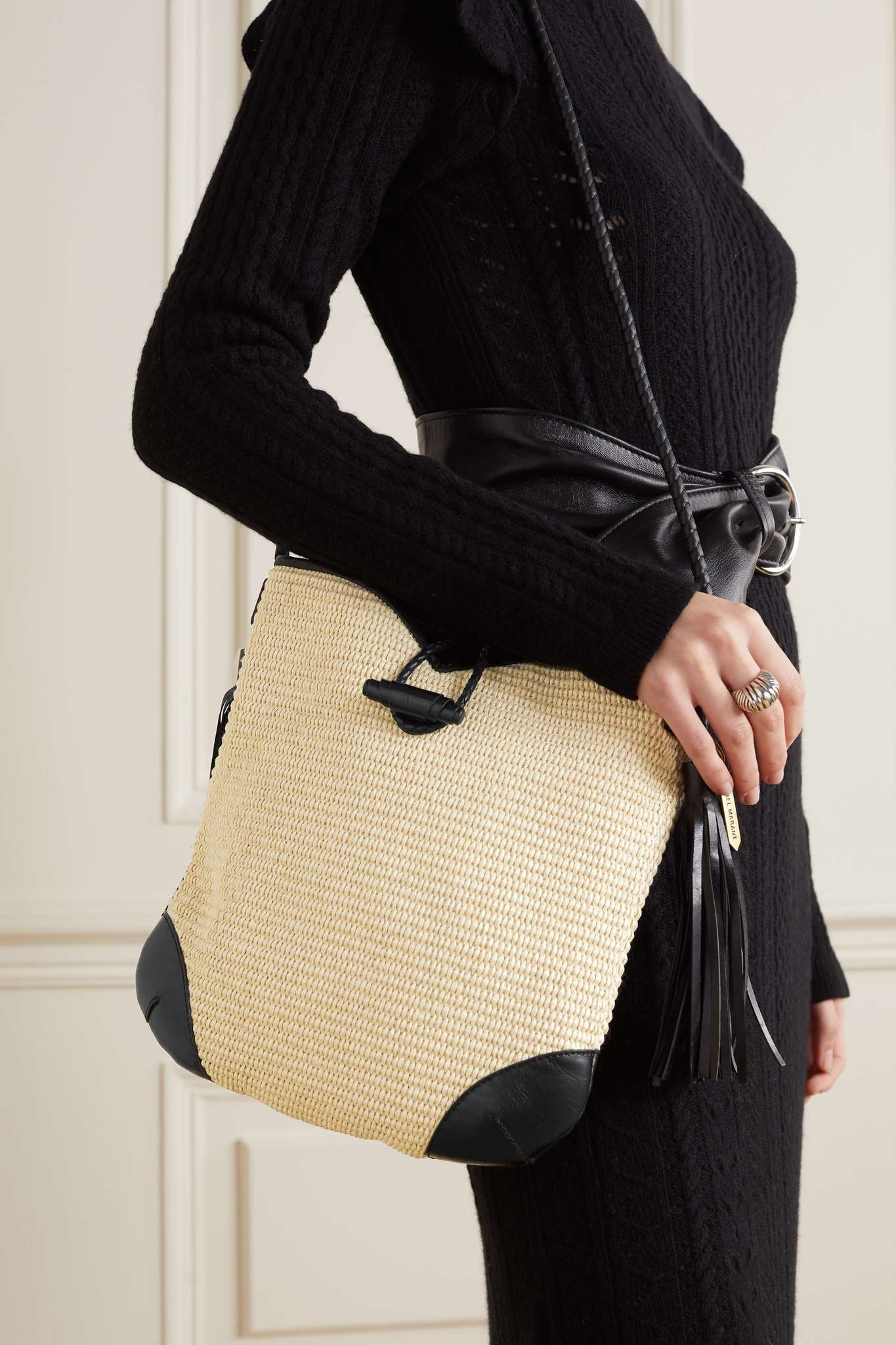 Tyag tasseled leather-trimmed woven raffia shoulder bag - 2