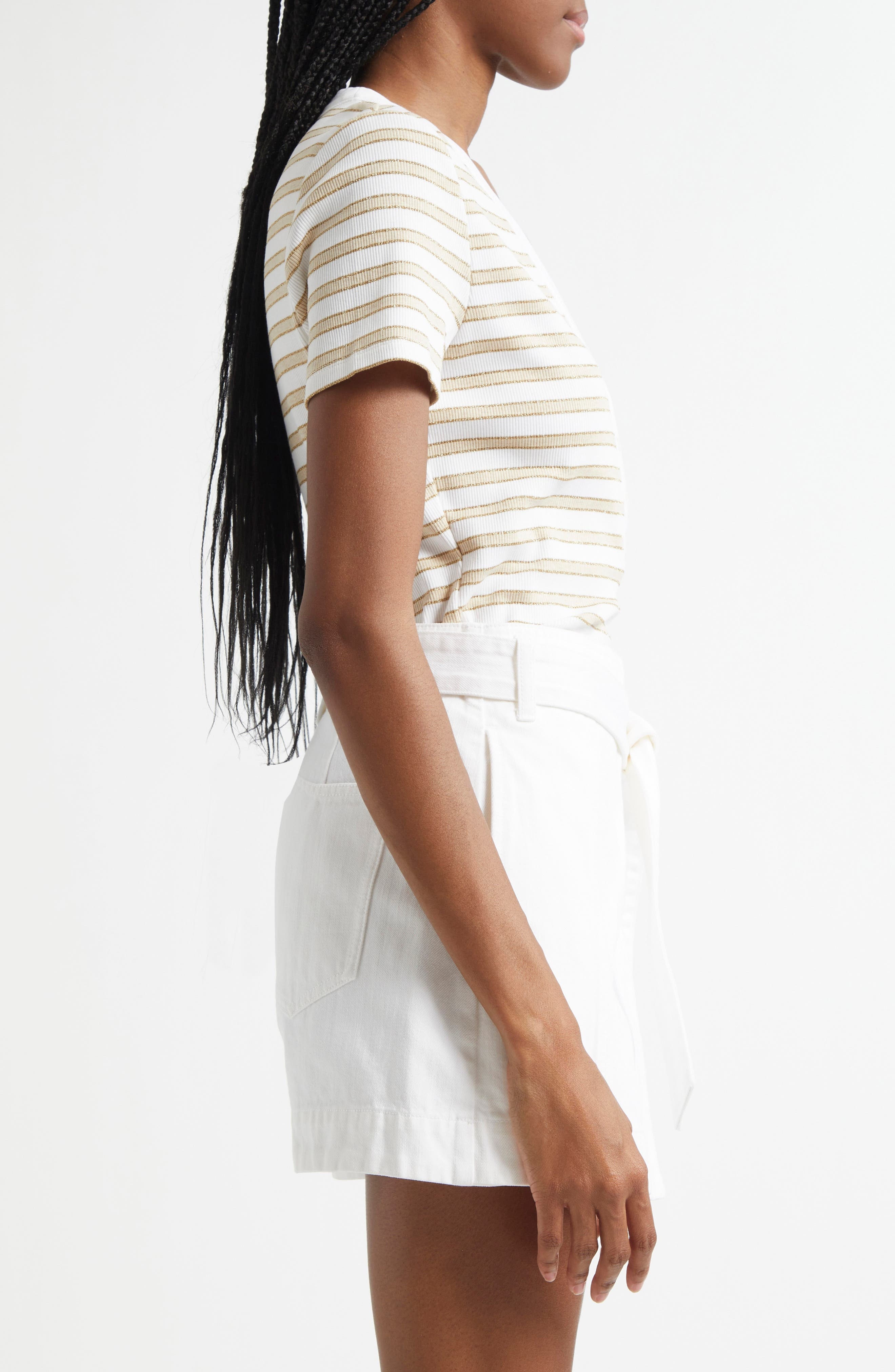 Veronica Beard Dekalb Stripe Stretch Cotton Henley Top in Khaki White at Nordstrom - 4