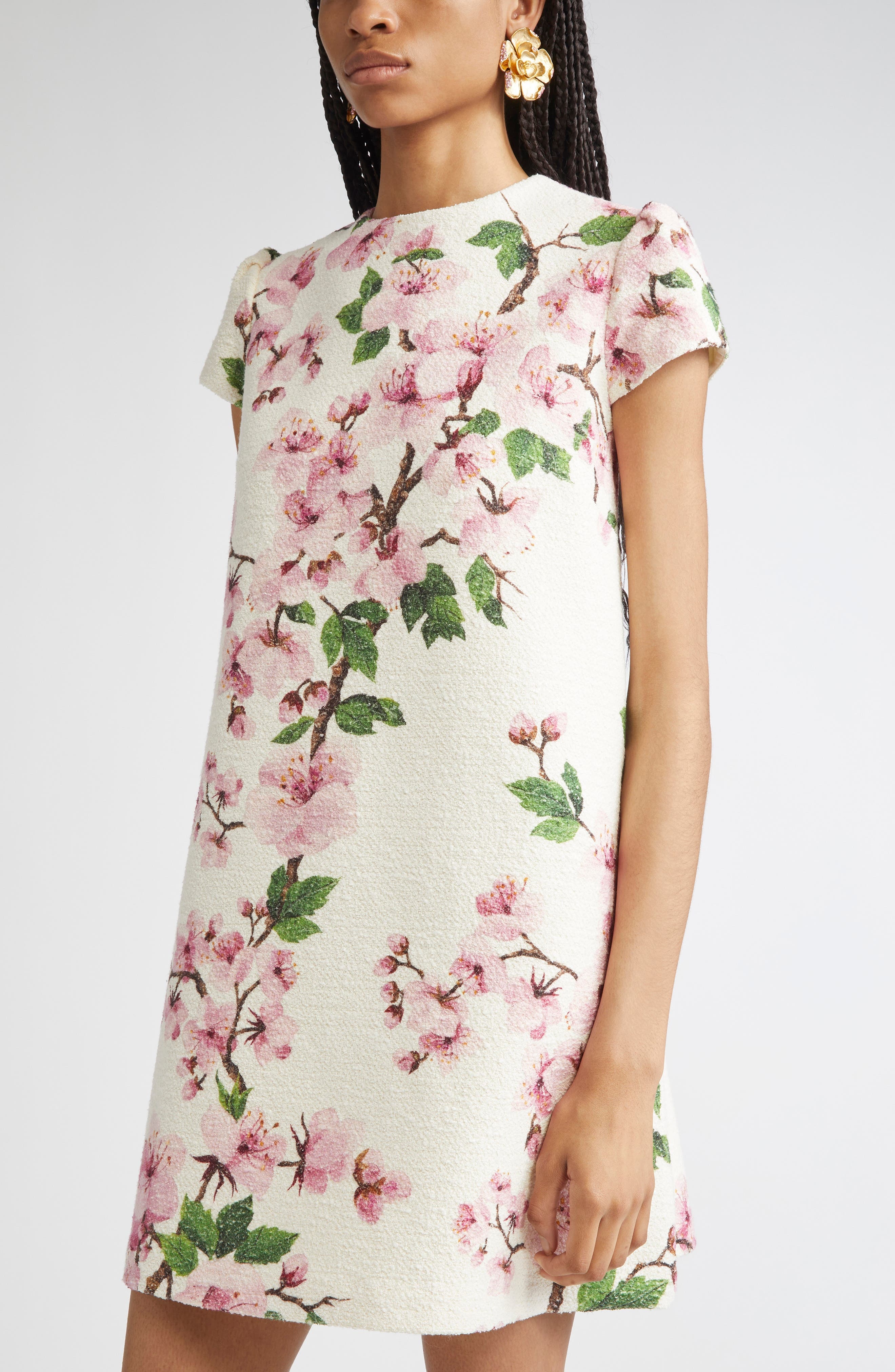 Oscar de la Renta Cherry Blossom Cap Sleeve Shift Dress in Pink/Ivorys at Nordstrom - 4