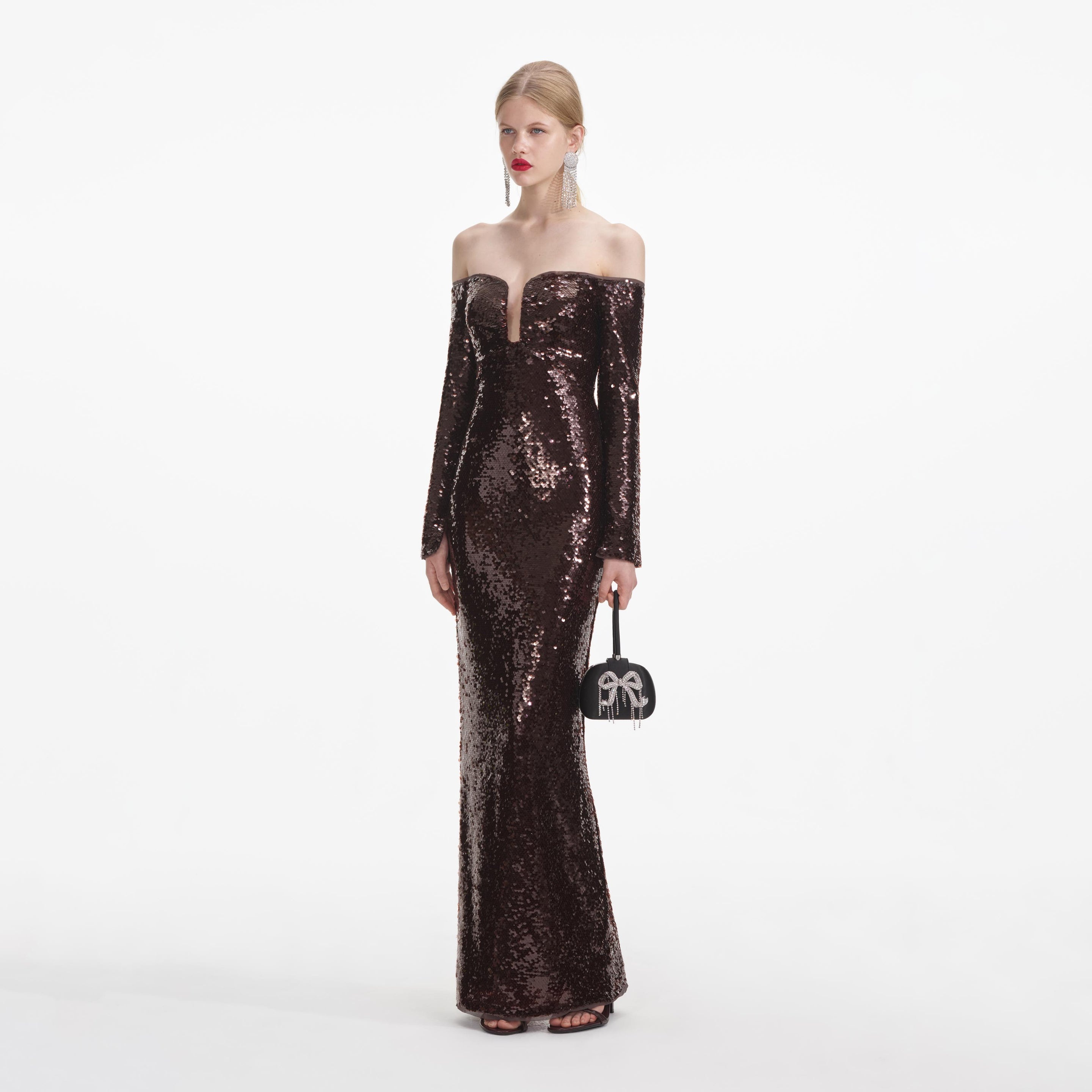 Brown Sequin Off Shoulder Maxi Dress - 2