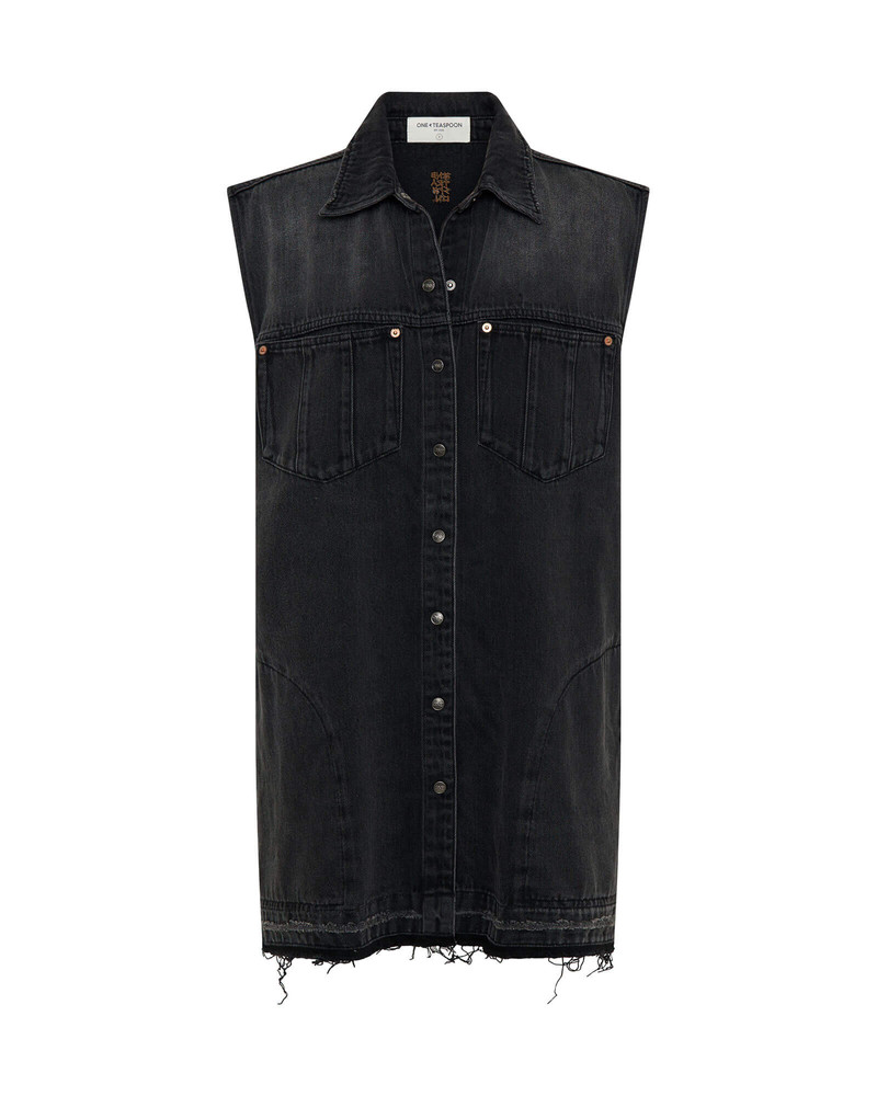Sleeveless Mini Denim Shirt Dress - Faded Black 1