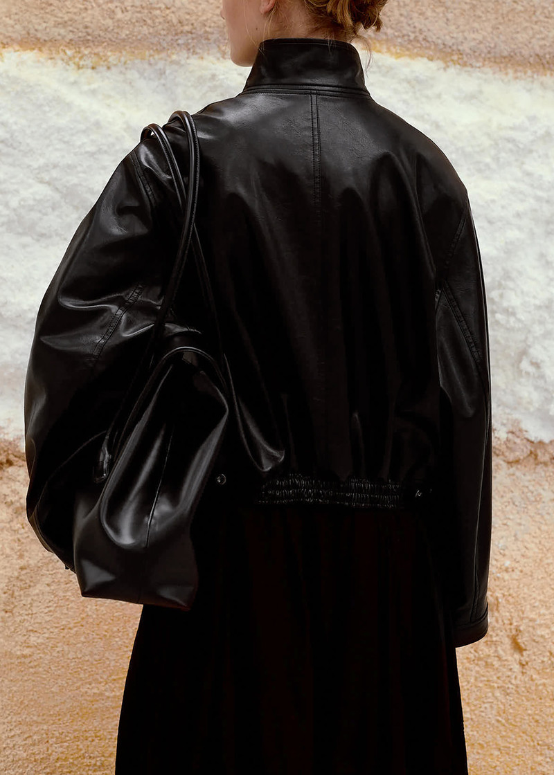 Low Classic Stand Collar Artificial Leather Jumper - Black 7
