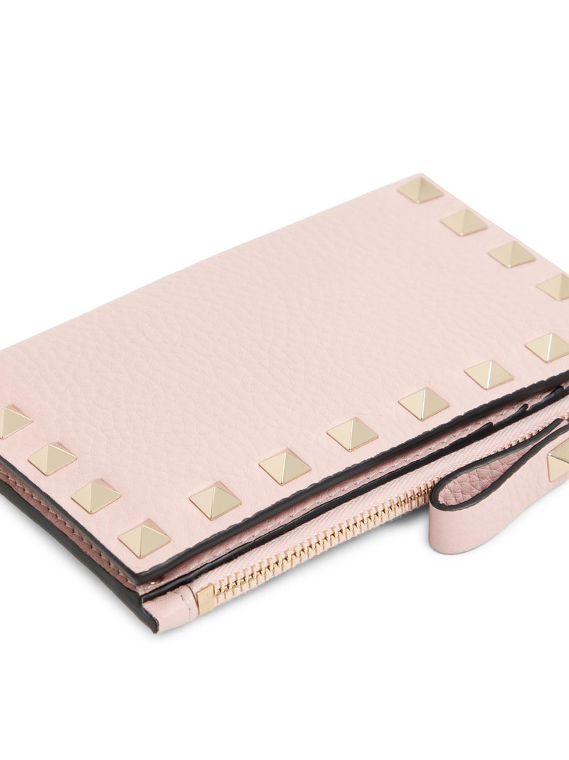 Women's Rockstud Grainy Calfskin Card Holder with Zipper - Pink 6
