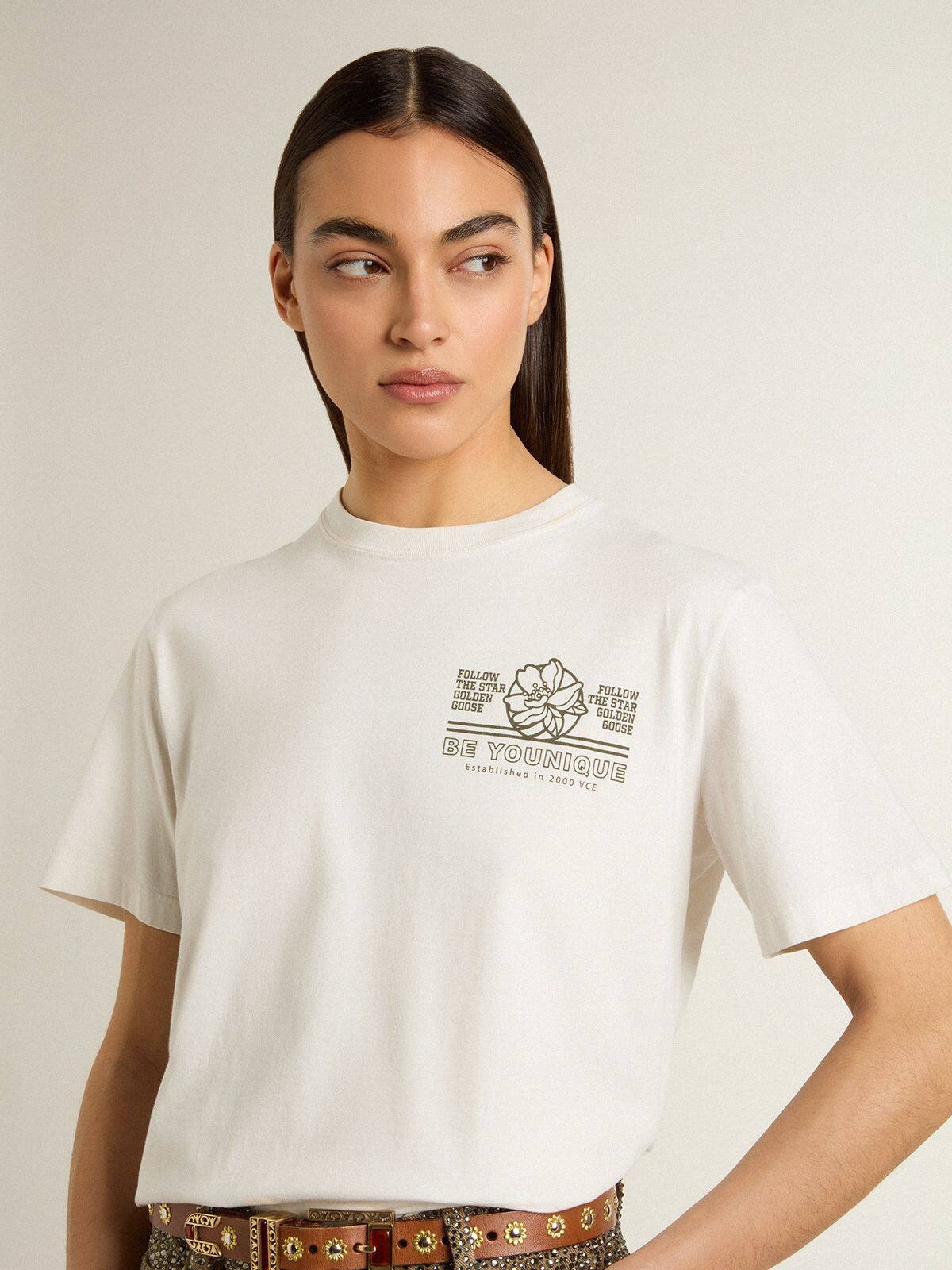 Women's white T-shirt with black print on the chest - 5