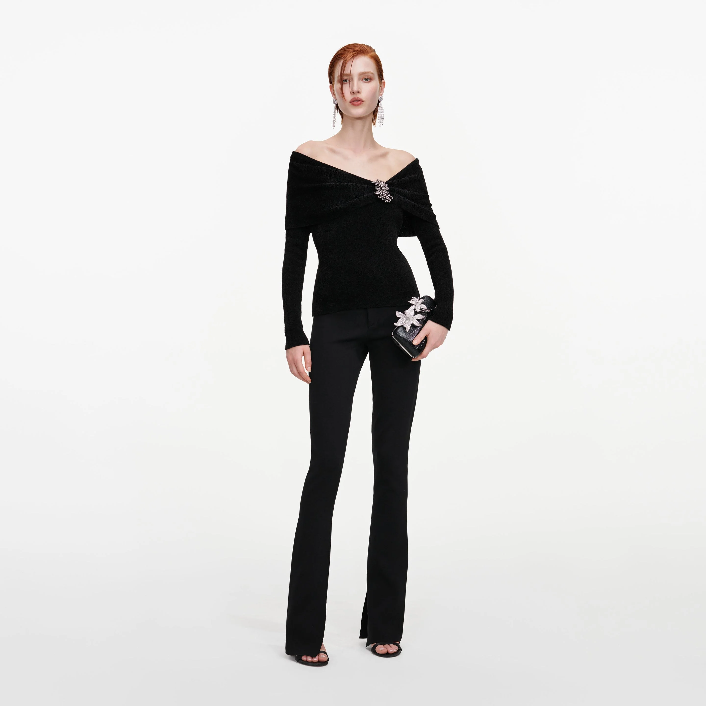 Black Brooch Chenille Knit Top - 1