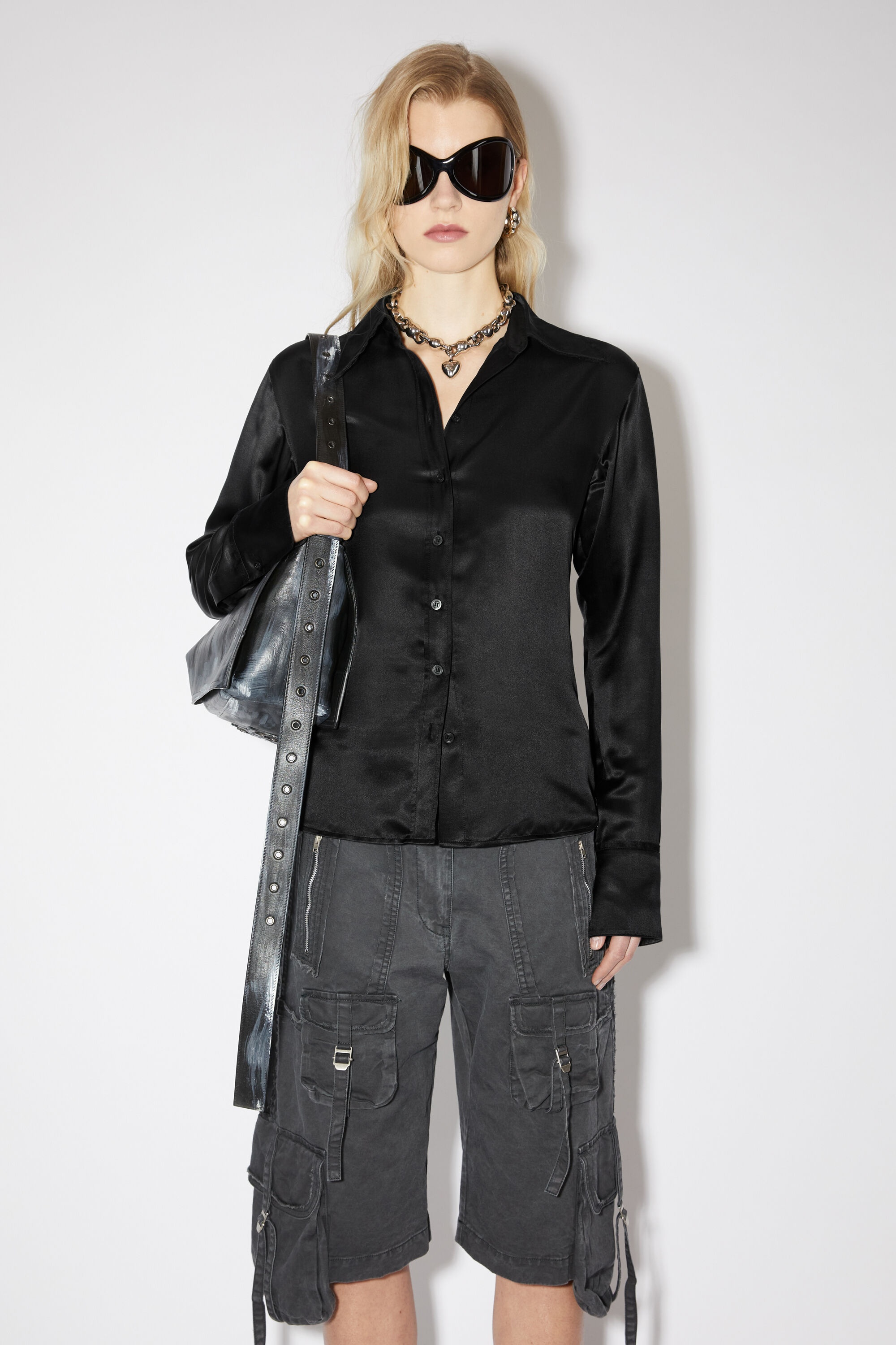 Silk blend button-up shirt - Black - 2