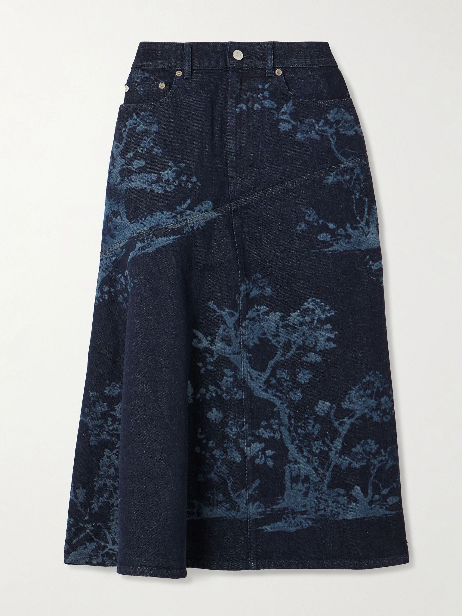 Asymmetric paneled printed denim midi skirt Indigo - 1