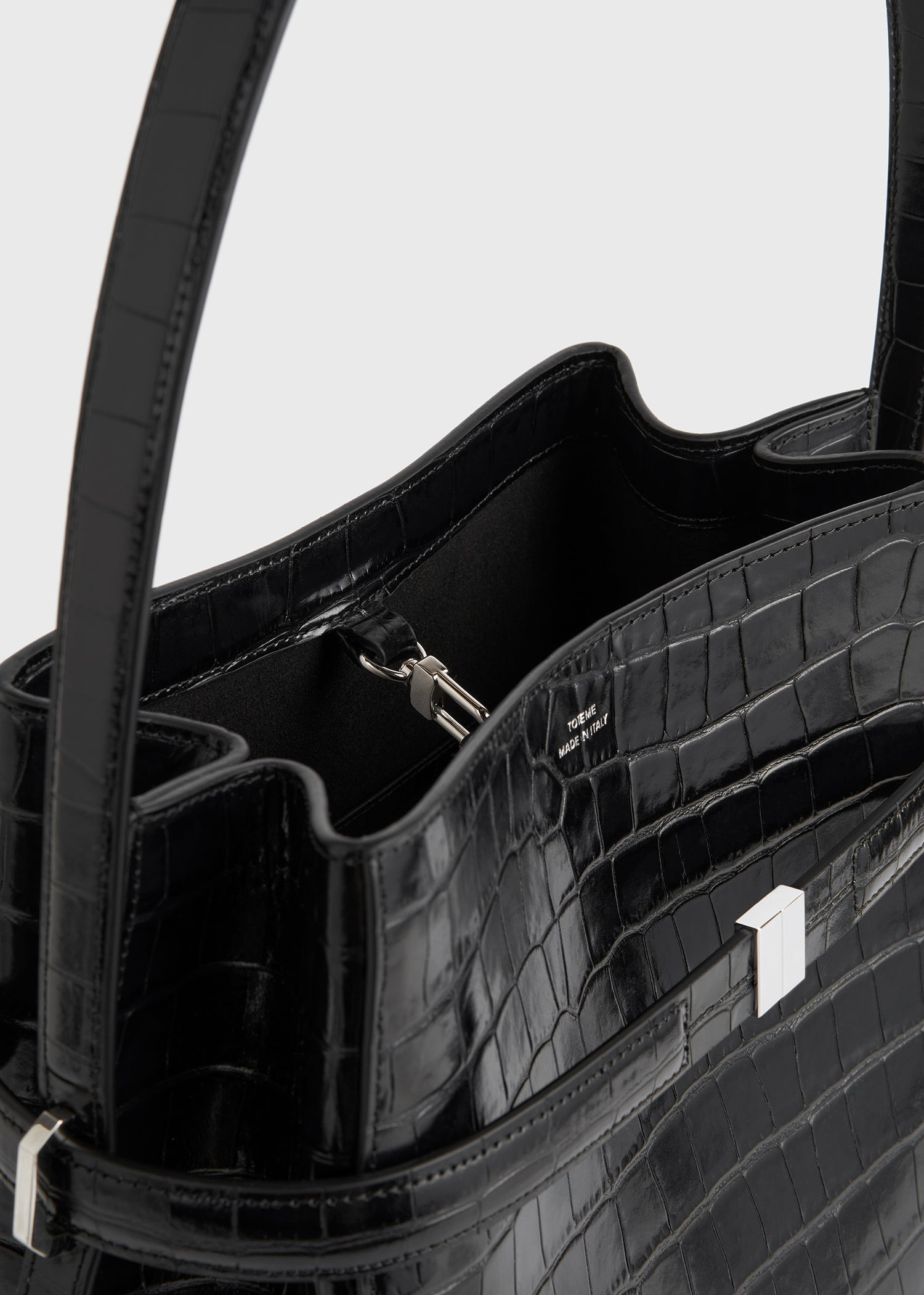 Belted croco-embossed bucket bag black - 7