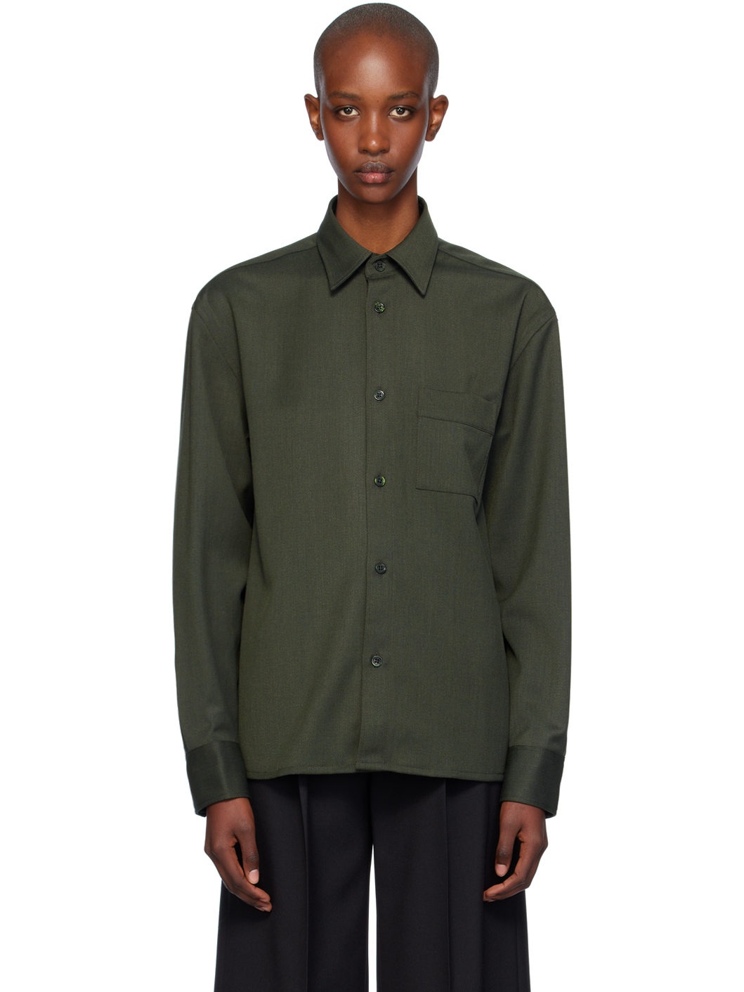 Green Boxy Wool Twill Shirt - 1