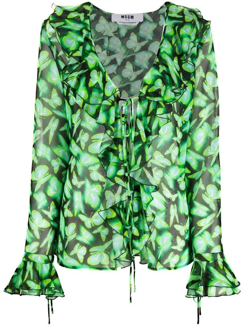 graphic-print ruffle-detail blouse - 1