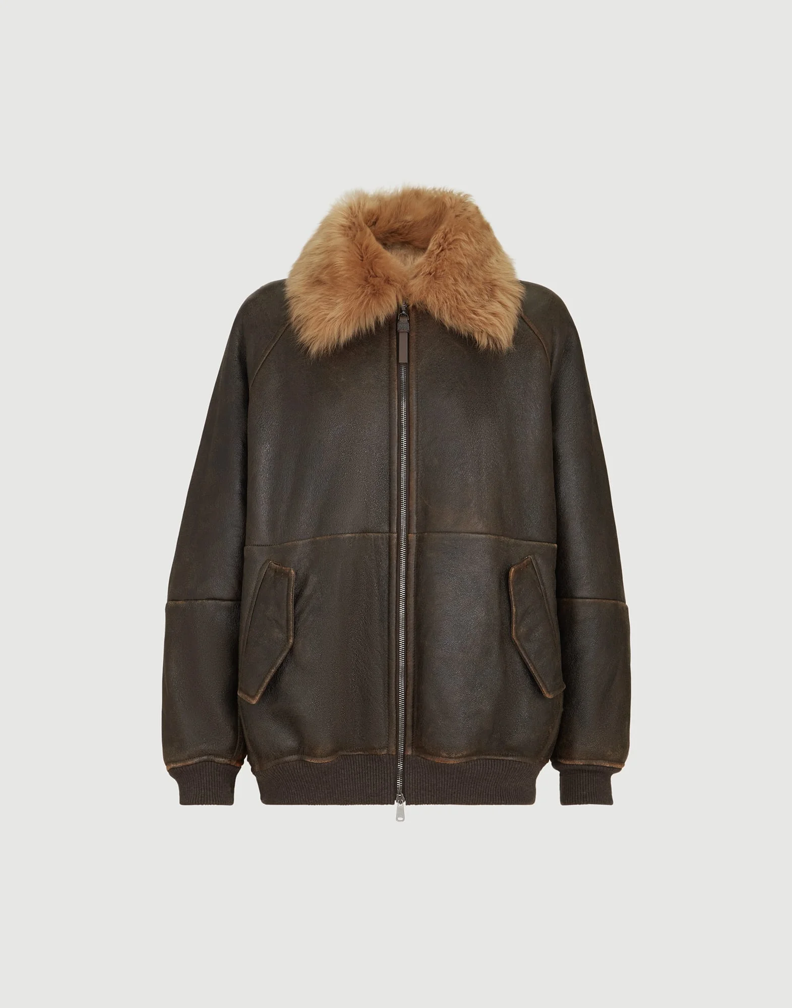 Vintage-effect shearling bomber jacket with shiny zipper pull - 1