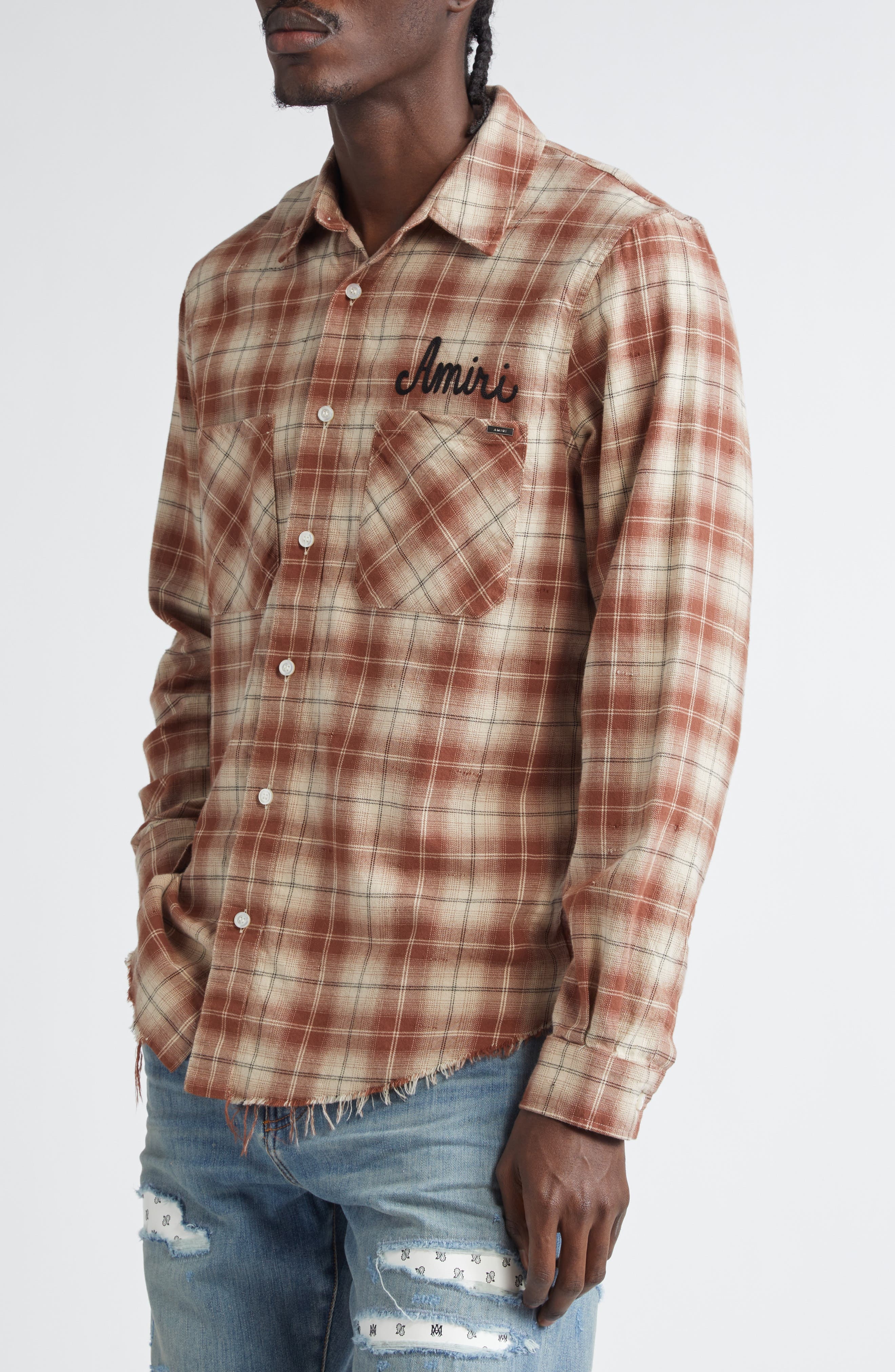 AMIRI Shotgun Distressed Plaid Flannel Button-Up Shirt in Chocolate at Nordstrom - 4