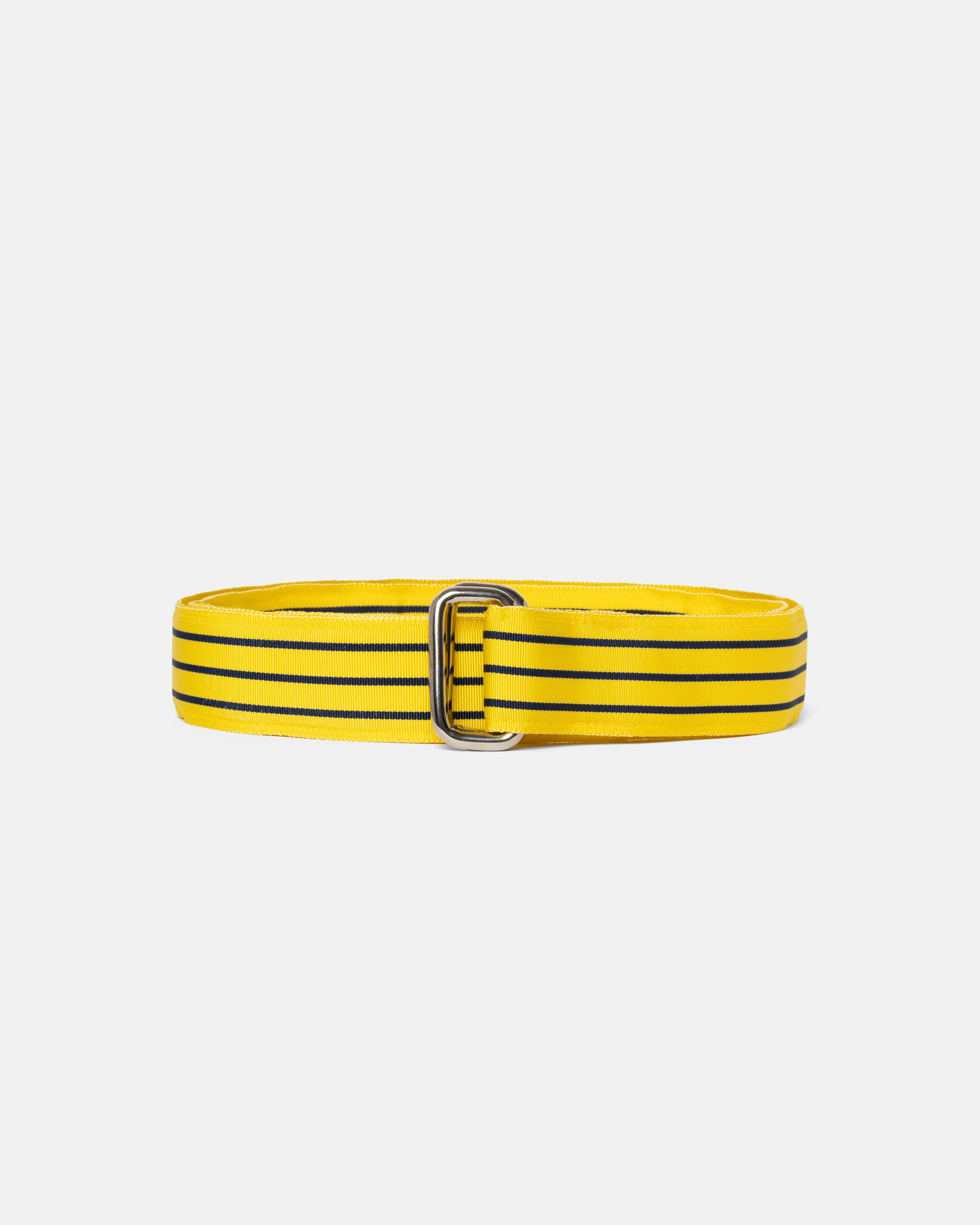 MADE-IN-USA YELLOW & NAVY STRIPED GROSGRAIN RIBBON BELT - 1