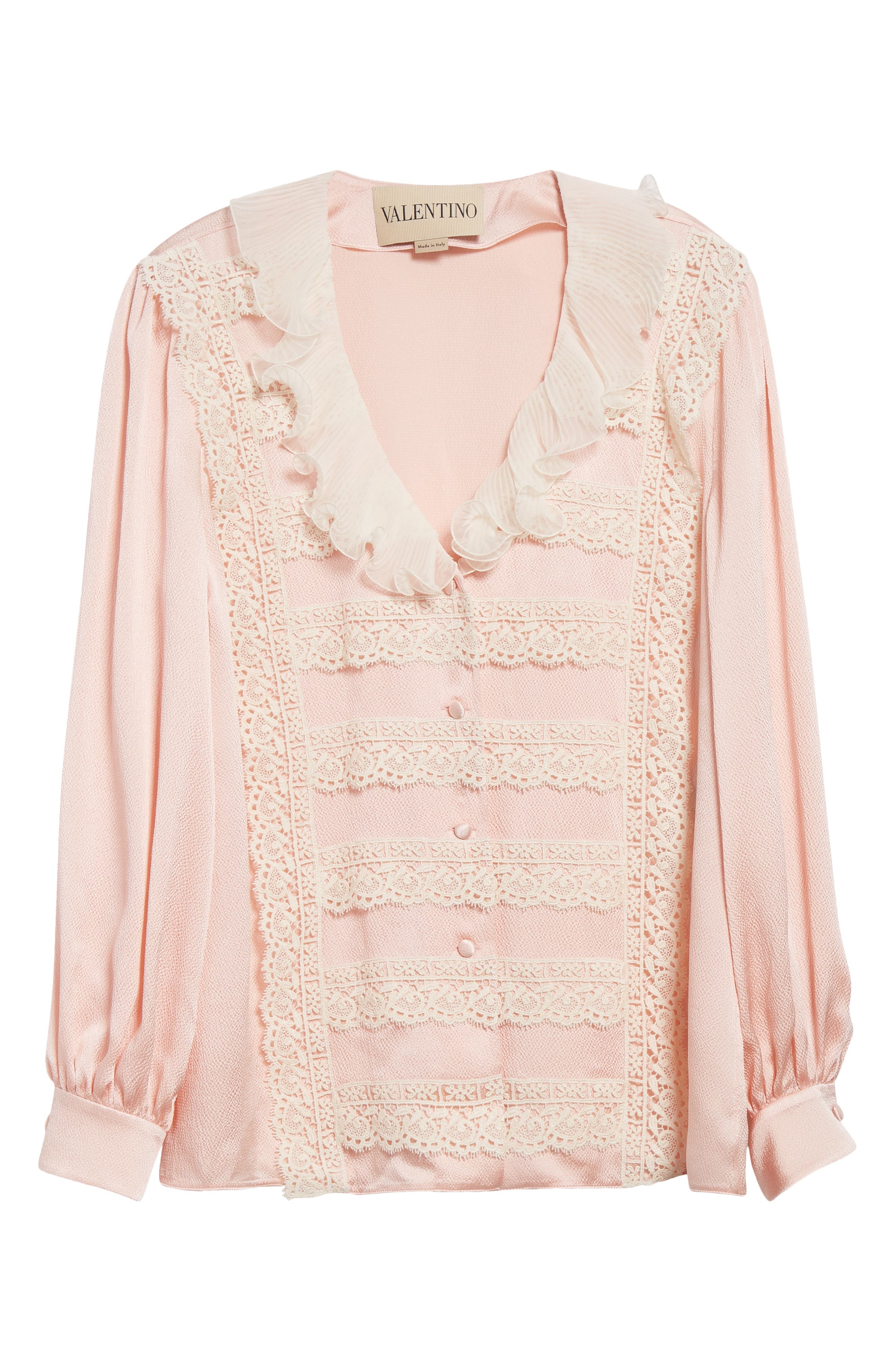 Valentino Garavani Lace Trim Chiffon Ruffle Hammered Satin Shirt in Light Pink/Ivory at Nordstrom - 5
