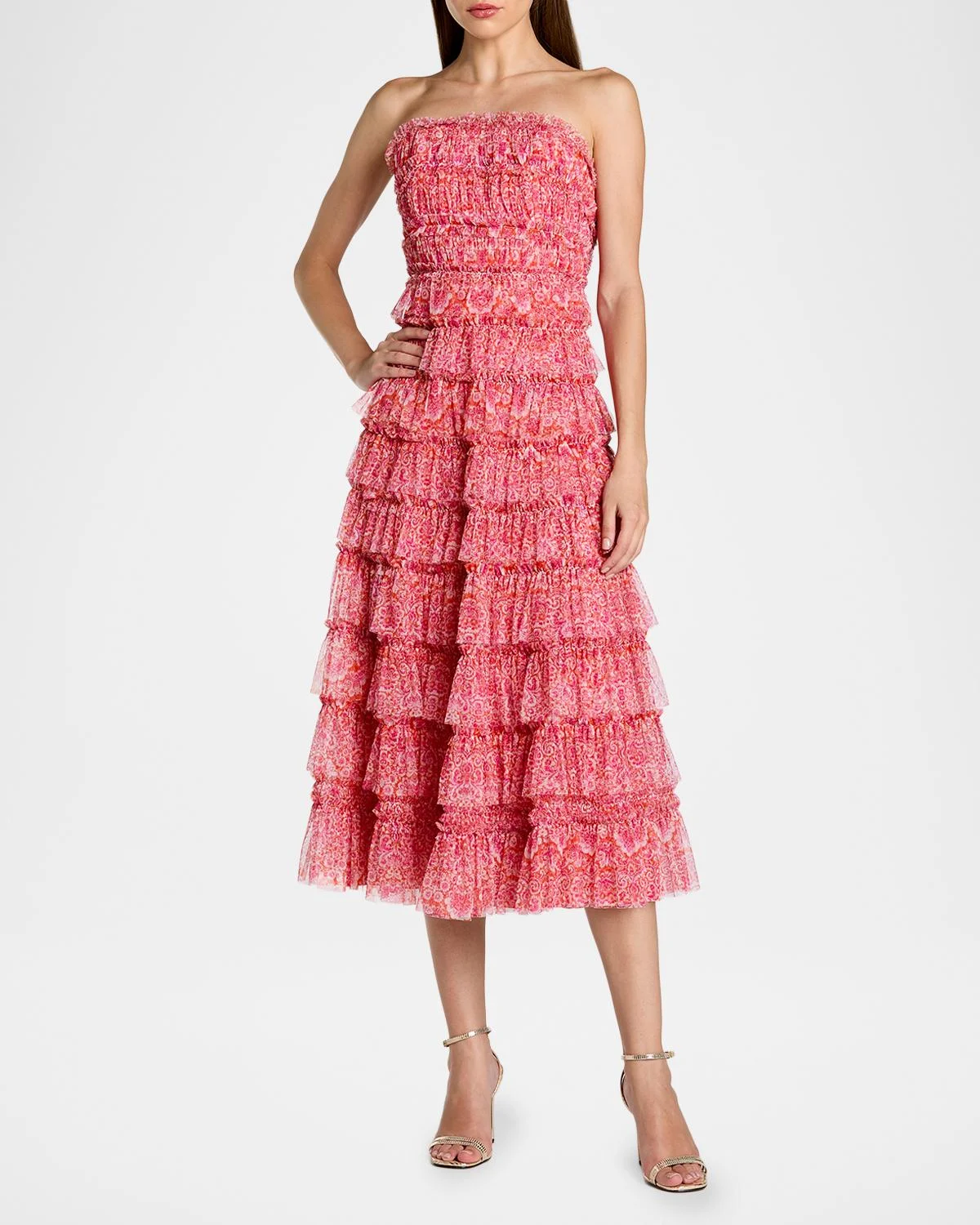 Strapless Floral Tiered Midi Dress - 1