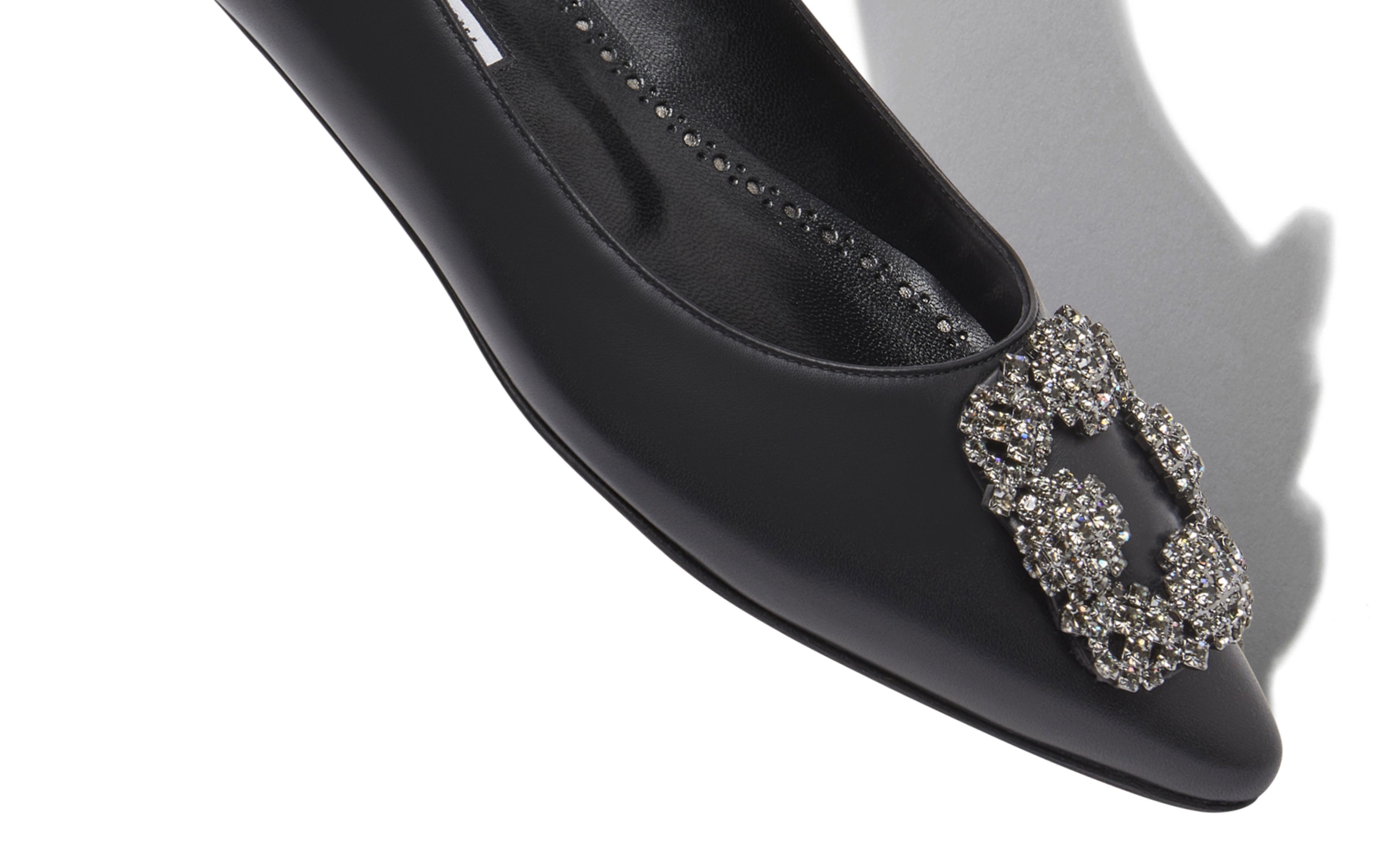 Black Calf Leather Jewel Buckle Flat Shoes - 4