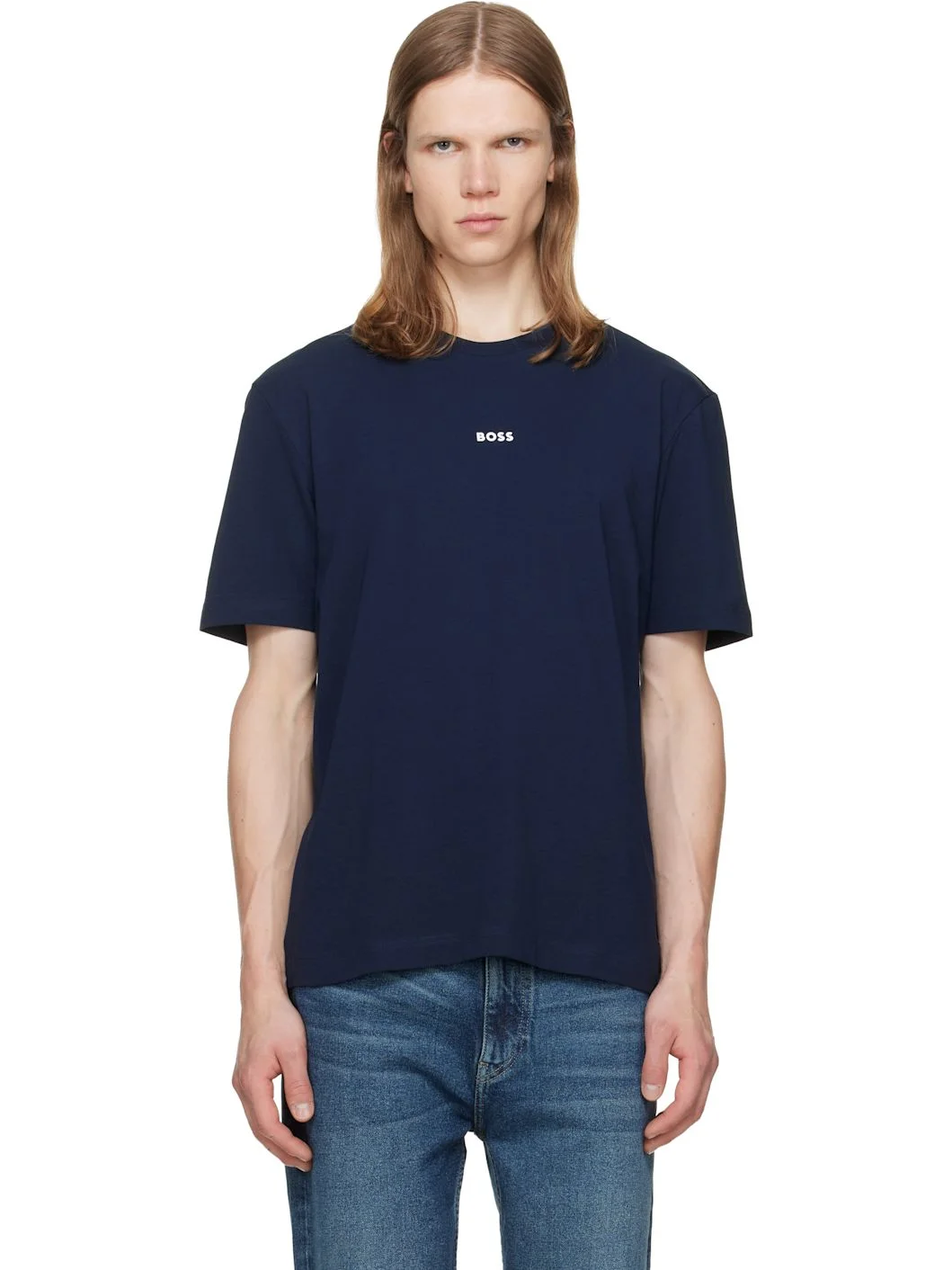 Navy Stretch-Cotton Contrast Logo T-shirt - 1