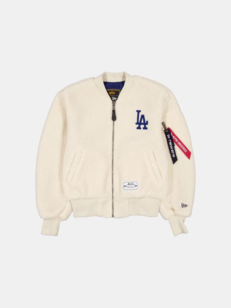 LOS ANGELES DODGERS X ALPHA X NEW ERA MA-1 SHERPA BOMBER JACKET WOMENS - 1