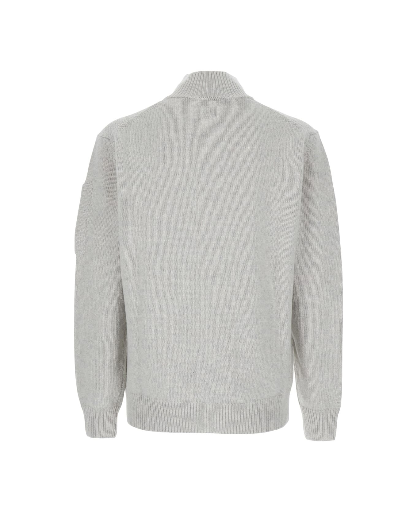 Grey Cardigan With High Neck And Logo Plaque On The Sleeve In Wool Man - 2