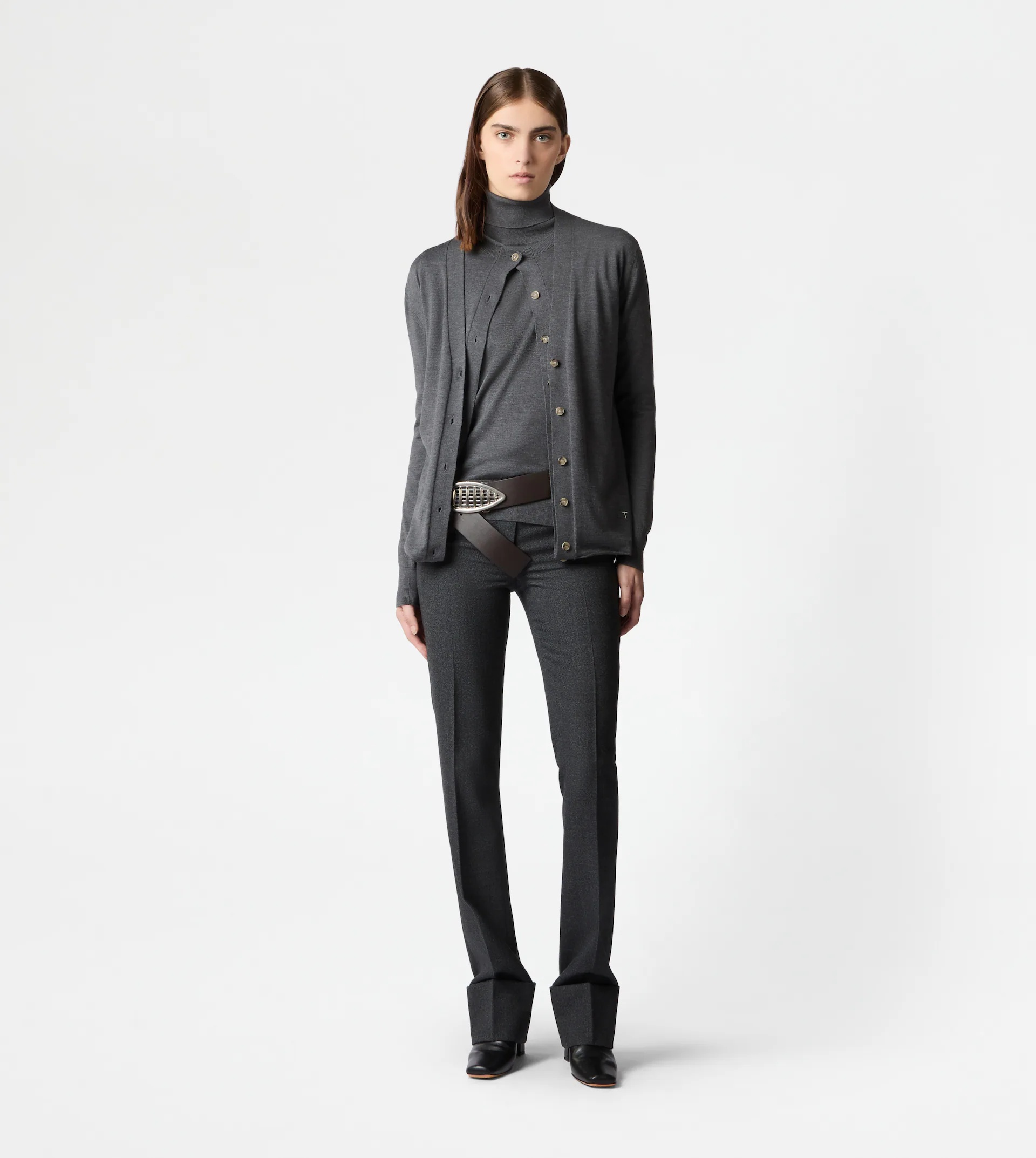DOUBLE COLLAR SILK BLEND CARDIGAN - GREY - 4