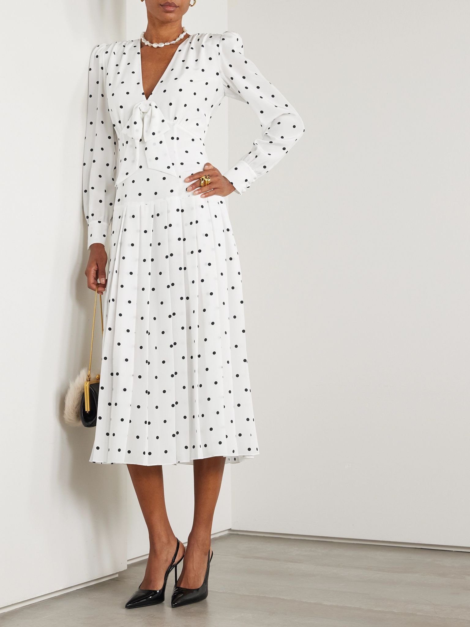 Bow-embellished pleated polka-dot silk midi dress White - 2