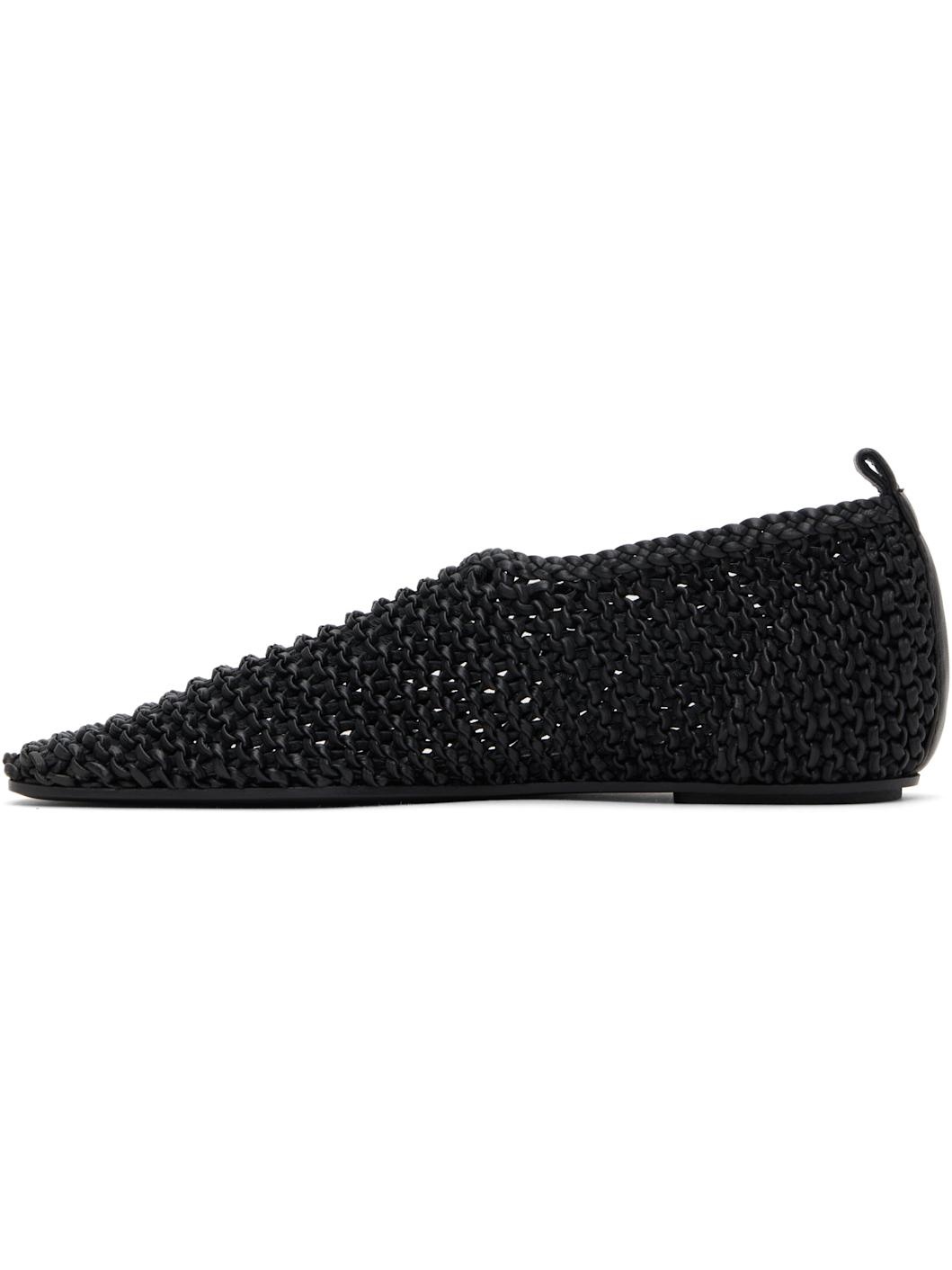 Black Woven Leather Ballerina Flats - 3