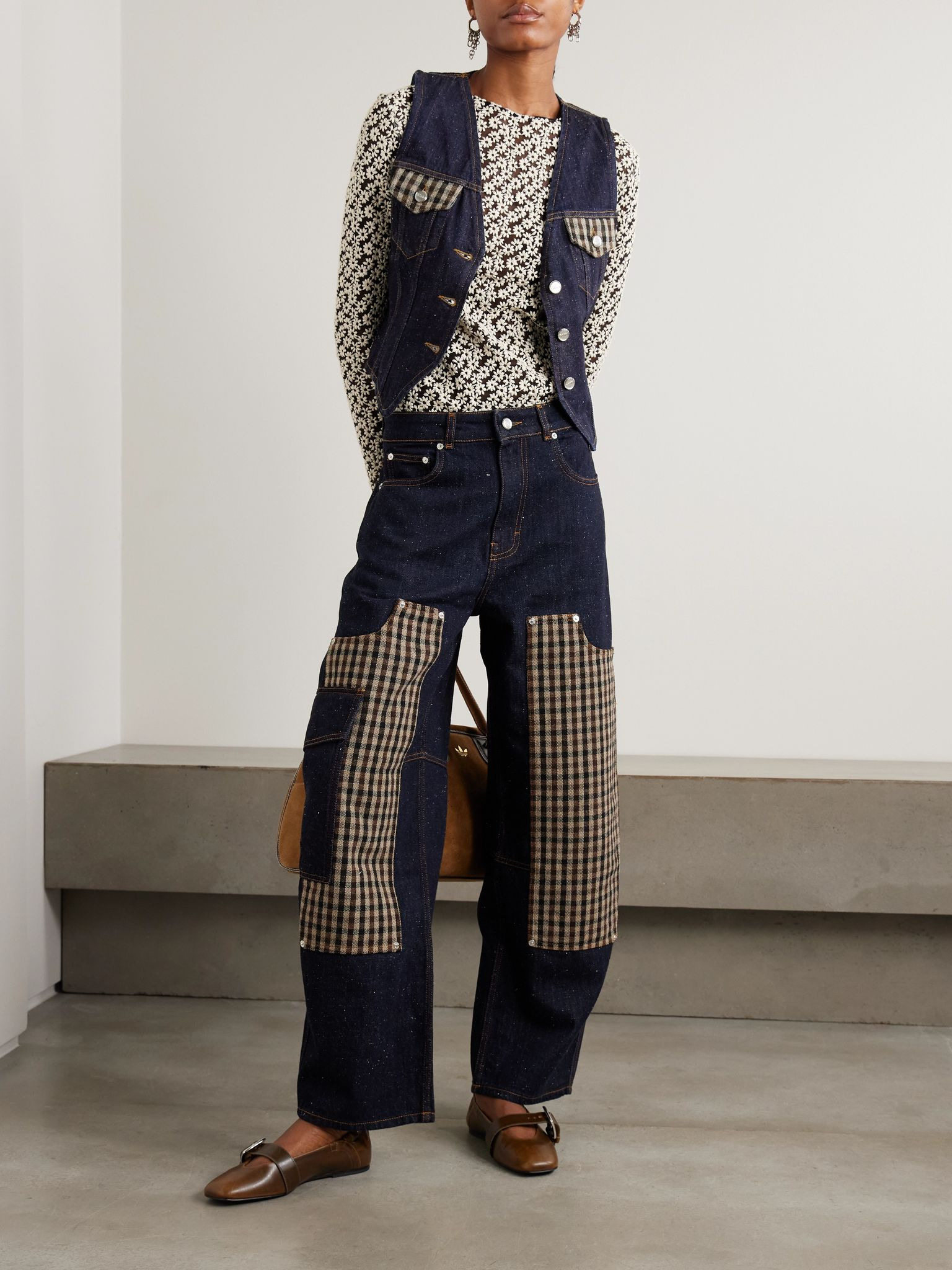 Neppy checked tweed-trimmed organic denim vest Dark denim - 2