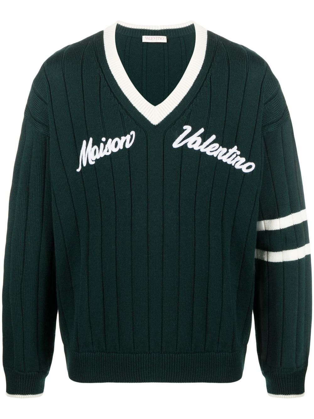 logo-embroidered V-neck wool jumper - 1