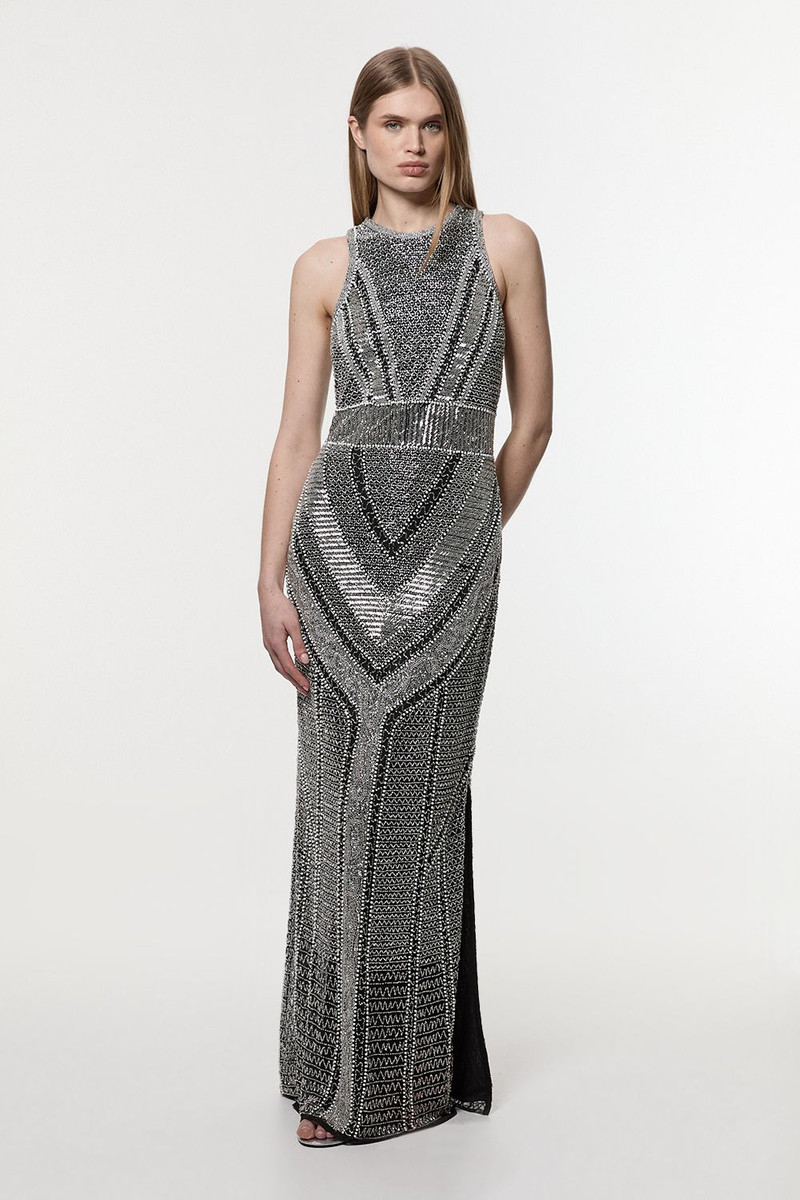 Premium Beading And Embellished Woven Halter Neck Maxi Dress 1