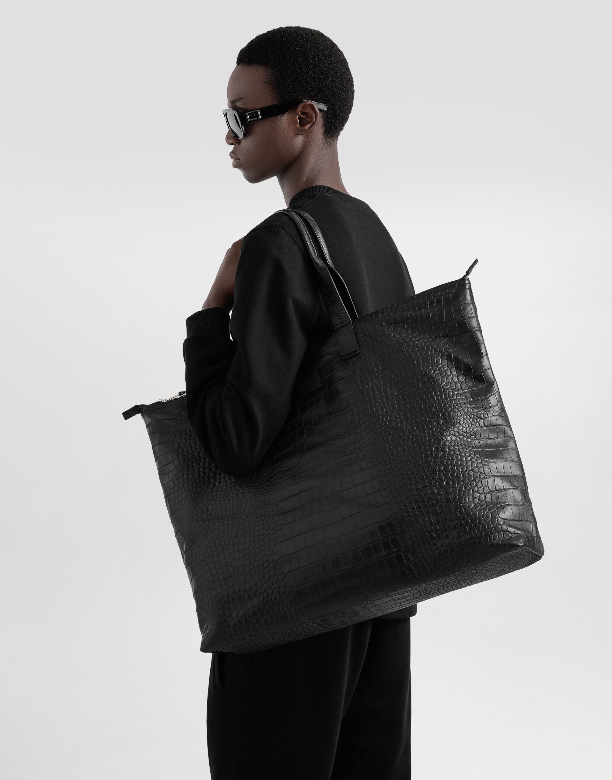 Large crocodile-print calfskin shopper - 7