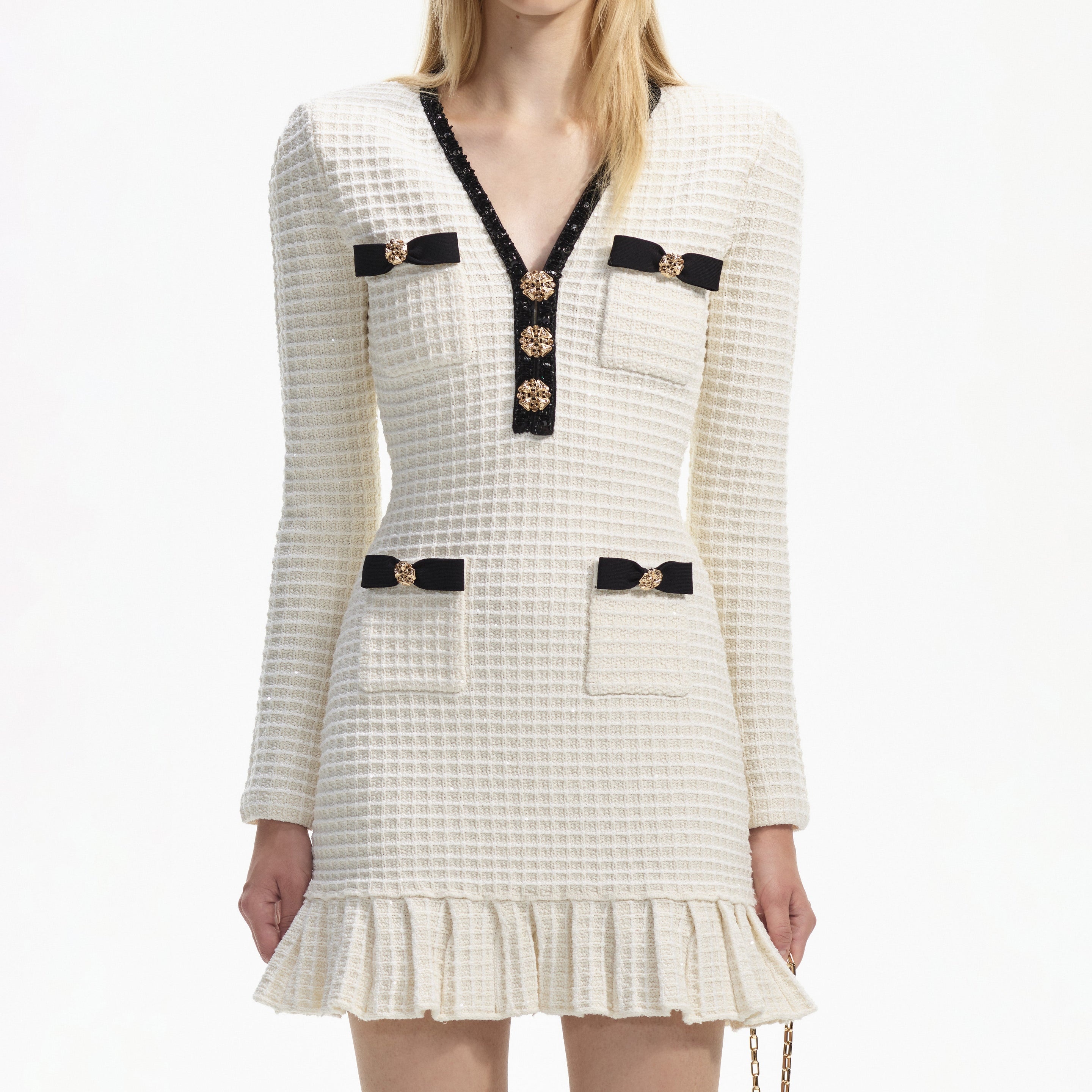Cream Textured Knit Mini Dress - 4