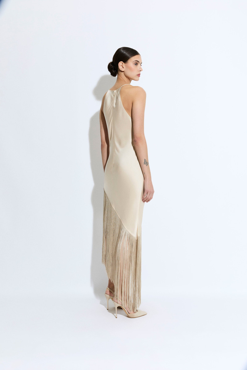 Satin Cowl Neck Fringe Dress 3
